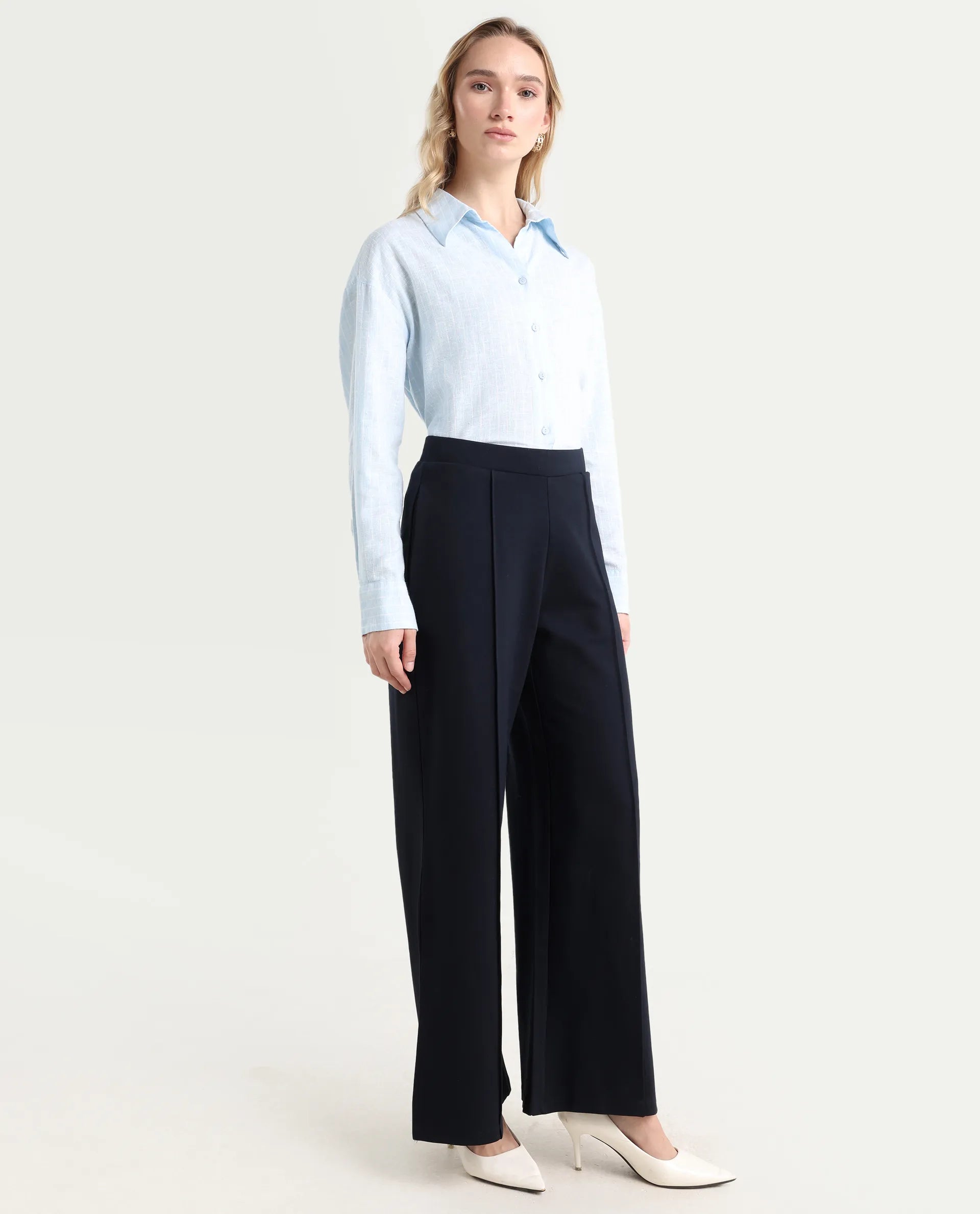 Rareism Women's Jancuri Navy Rayon Blend Plain Ankle Length Straight Fit Trouser