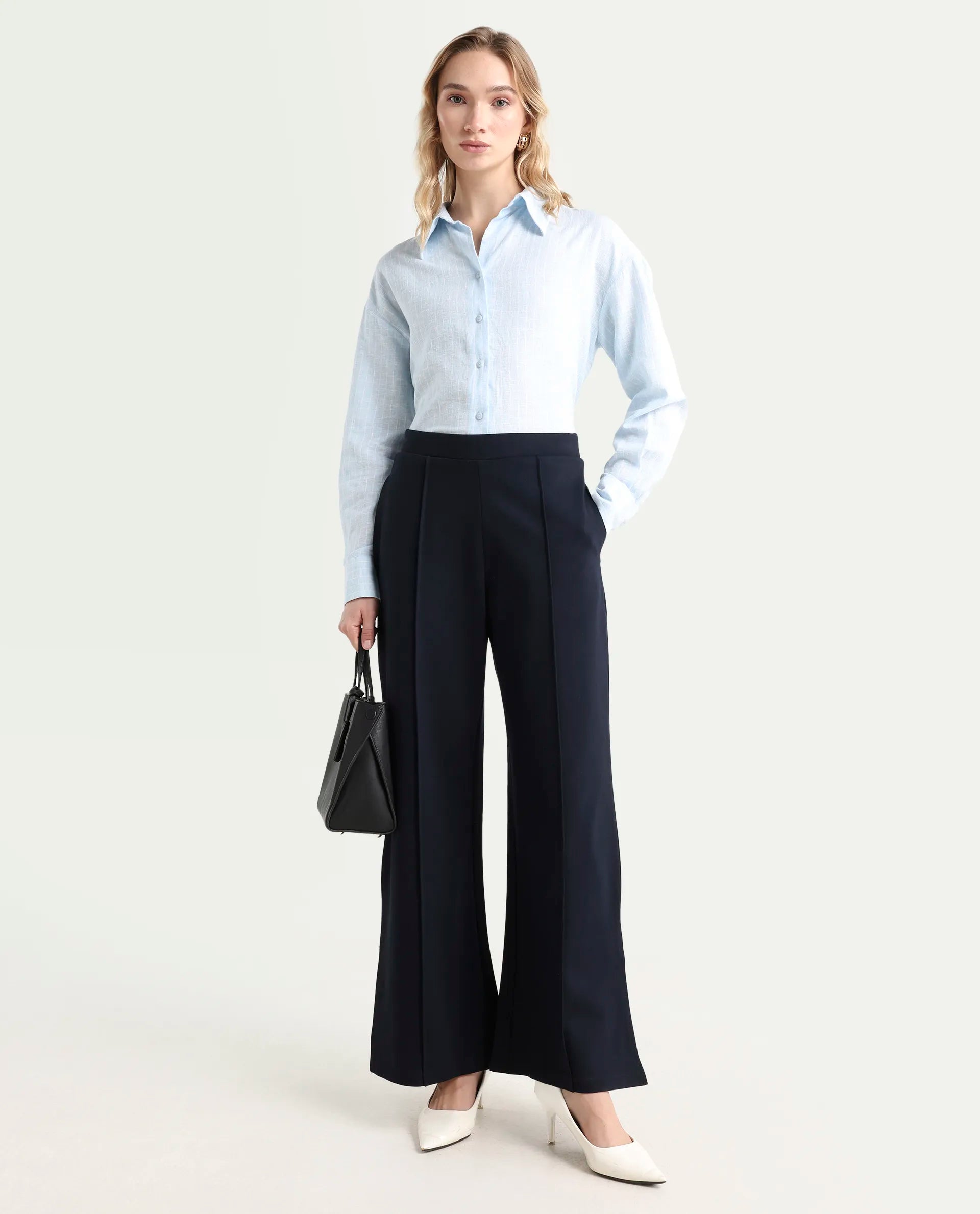Rareism Women's Jancuri Navy Rayon Blend Plain Ankle Length Straight Fit Trouser