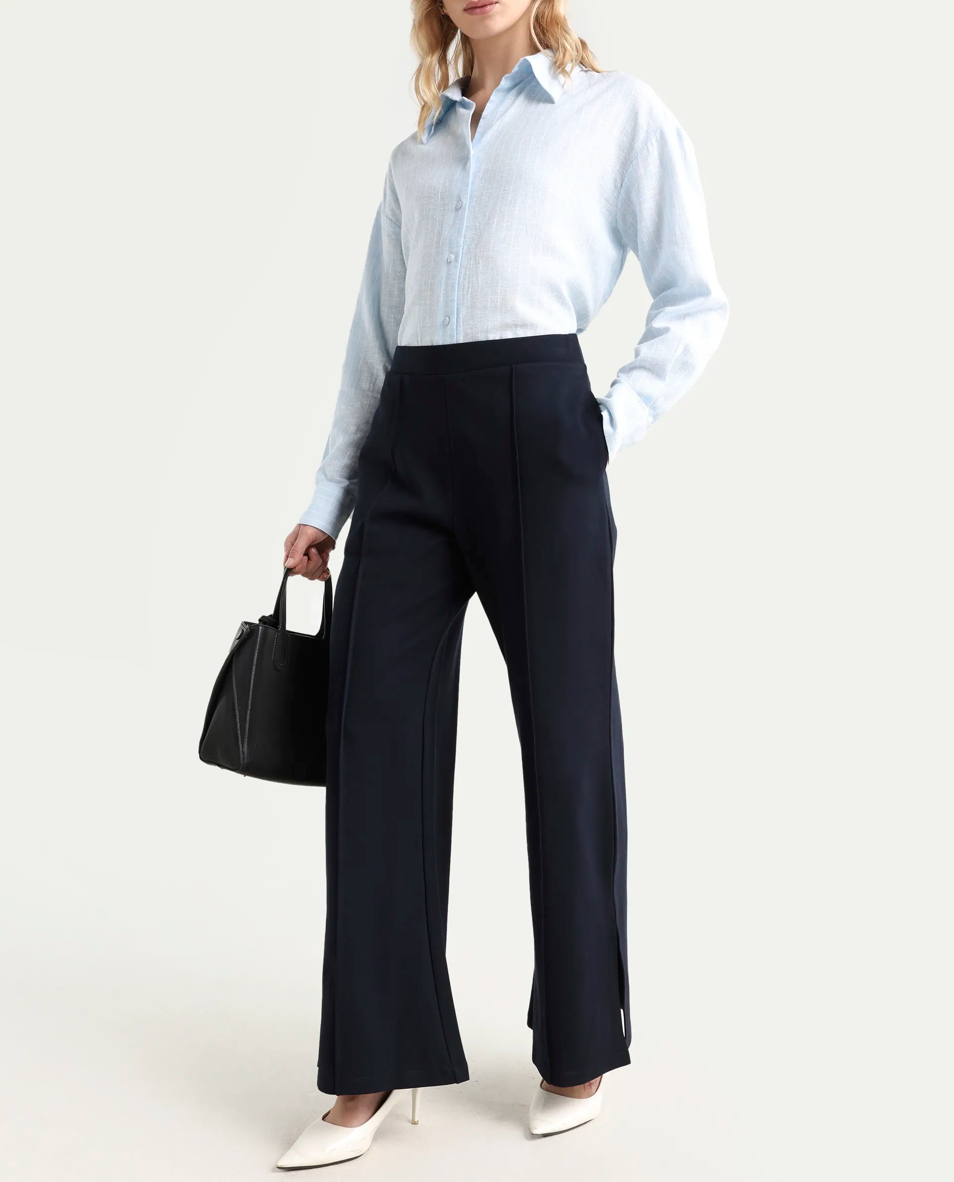 Rareism Women's Jancuri Navy Rayon Blend Plain Ankle Length Straight Fit Trouser