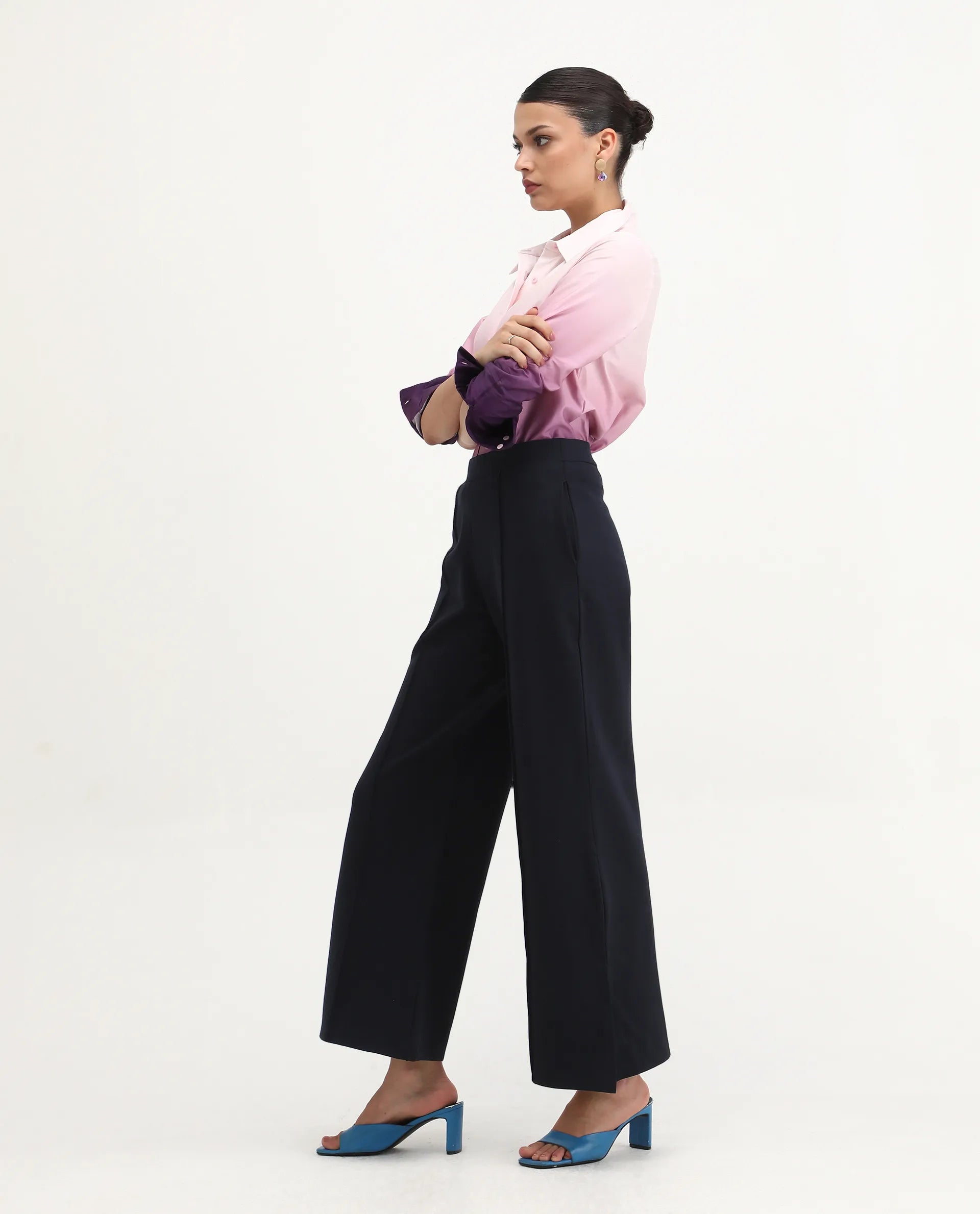 Rareism Women's Jancuri Navy Rayon Plain Ankle Length Straight Fit Trouser