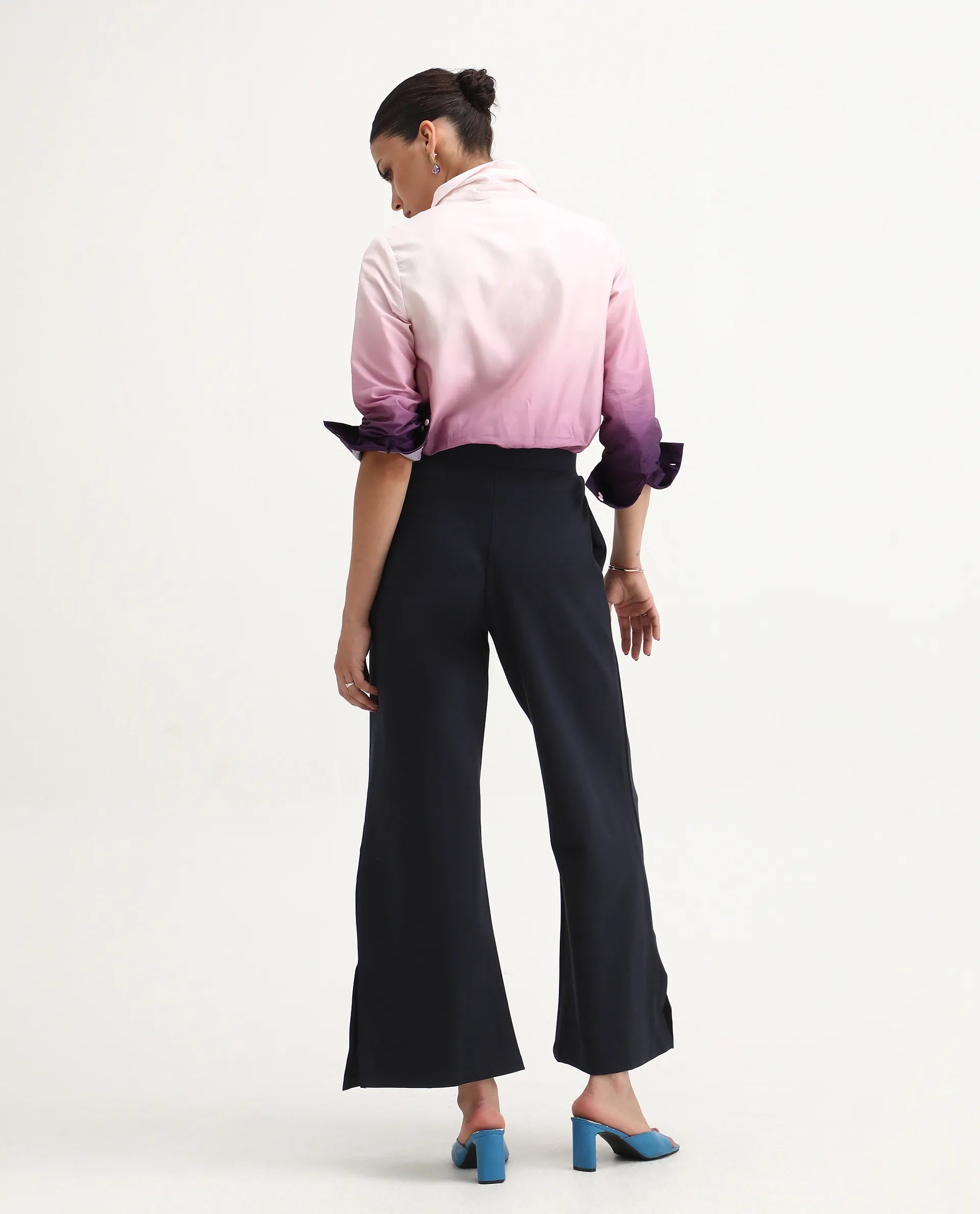 Rareism Women's Jancuri Navy Rayon Plain Ankle Length Straight Fit Trouser