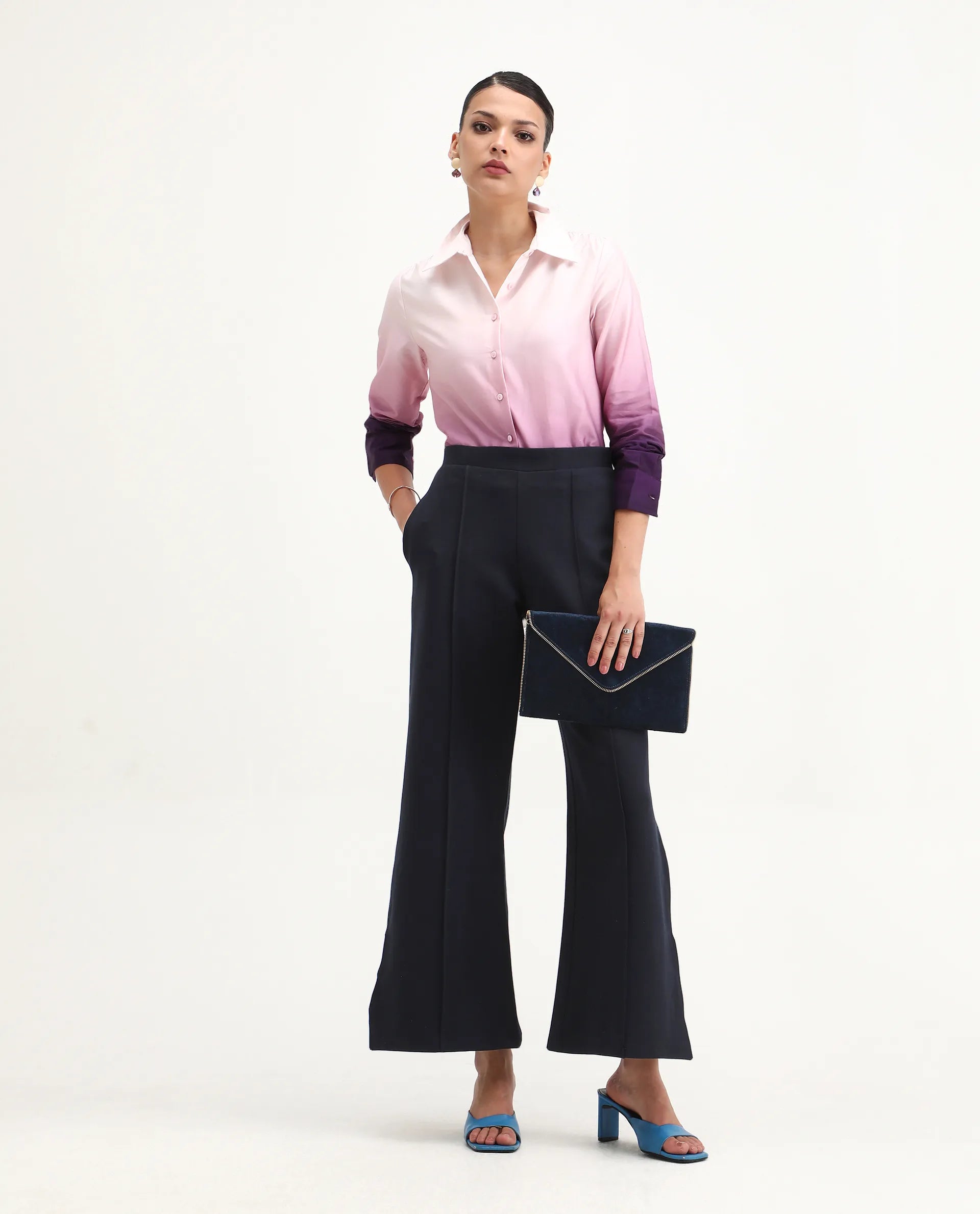 Rareism Women's Jancuri Navy Rayon Plain Ankle Length Straight Fit Trouser