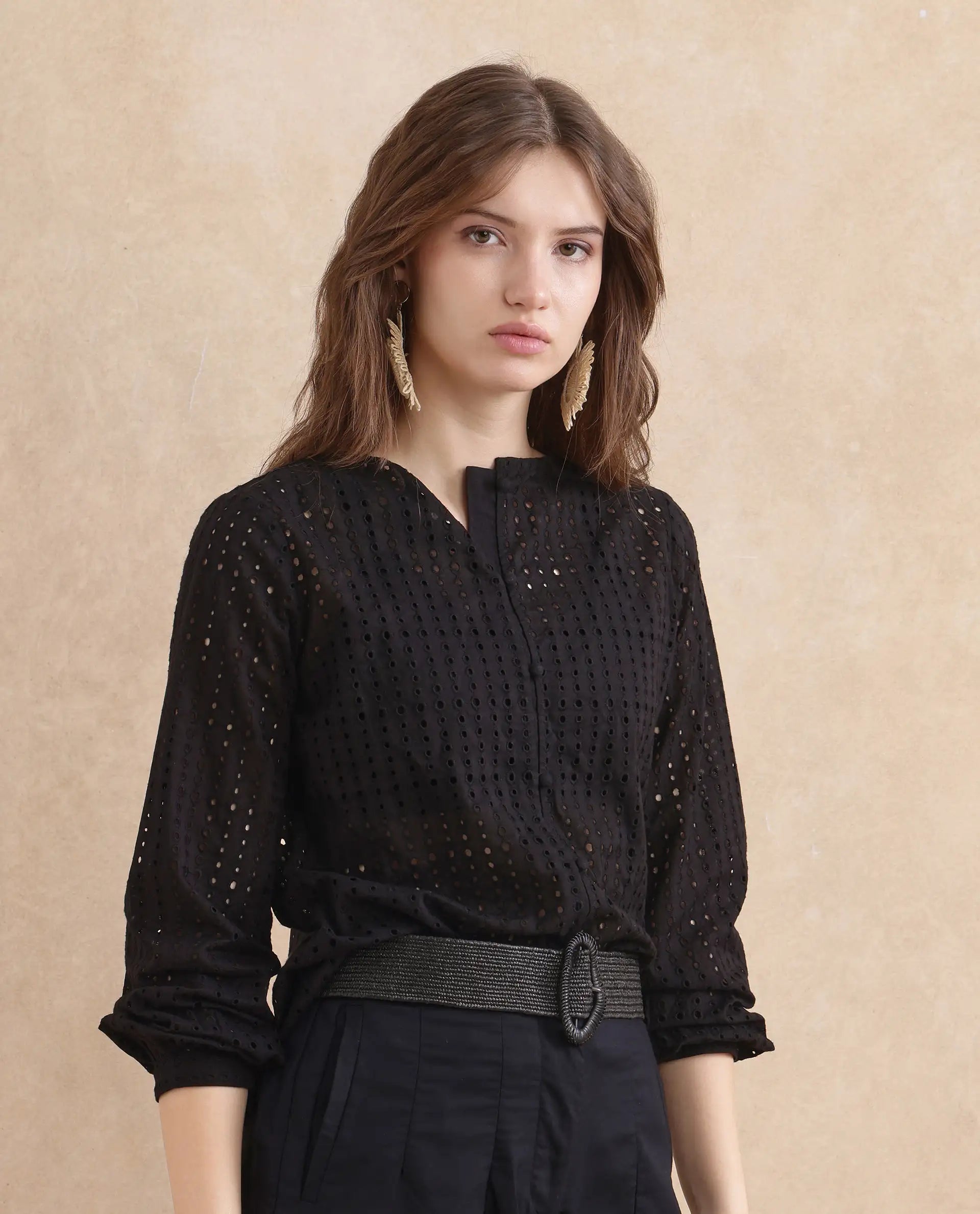 Rareism Women Jancy Black Cotton Fabric Bishop Sleeves Regular Fit Plain Top