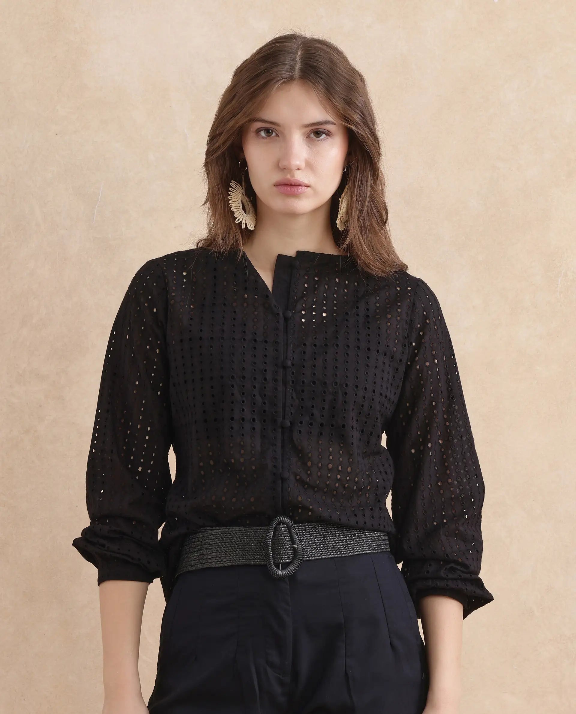 Rareism Women Jancy Black Cotton Fabric Bishop Sleeves Regular Fit Plain Top