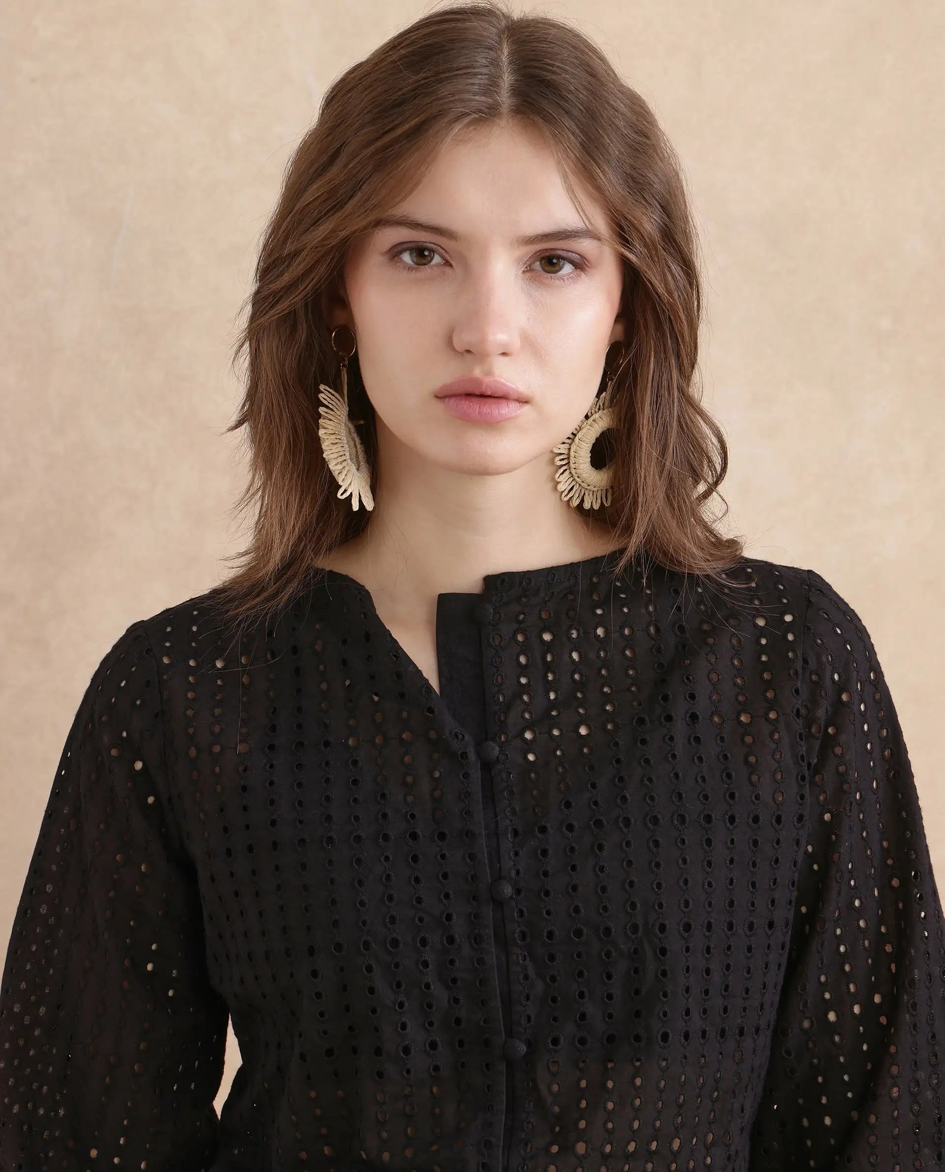 Rareism Women Jancy Black Cotton Fabric Bishop Sleeves Regular Fit Plain Top