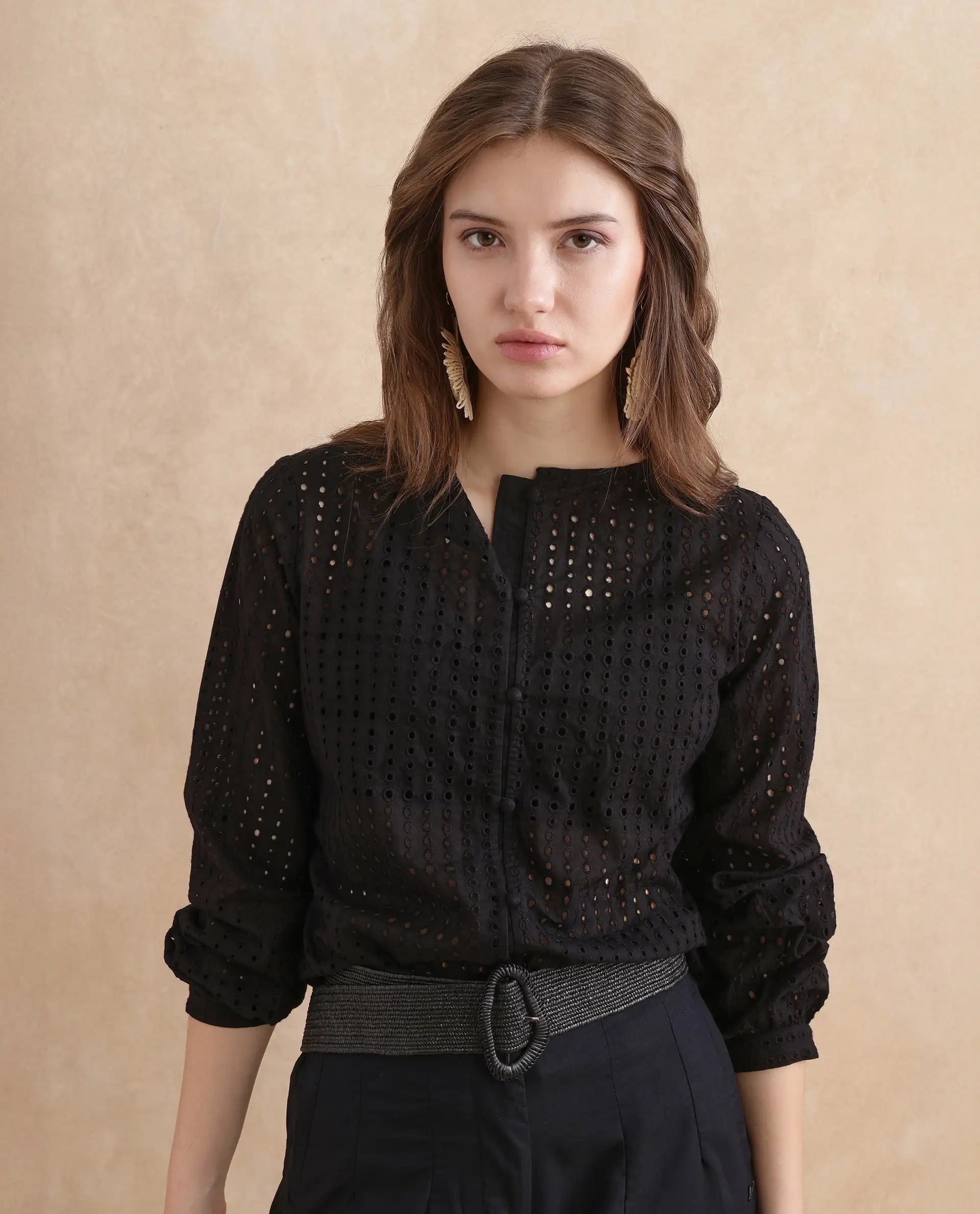 Rareism Women Jancy Black Cotton Fabric Bishop Sleeves Regular Fit Plain Top