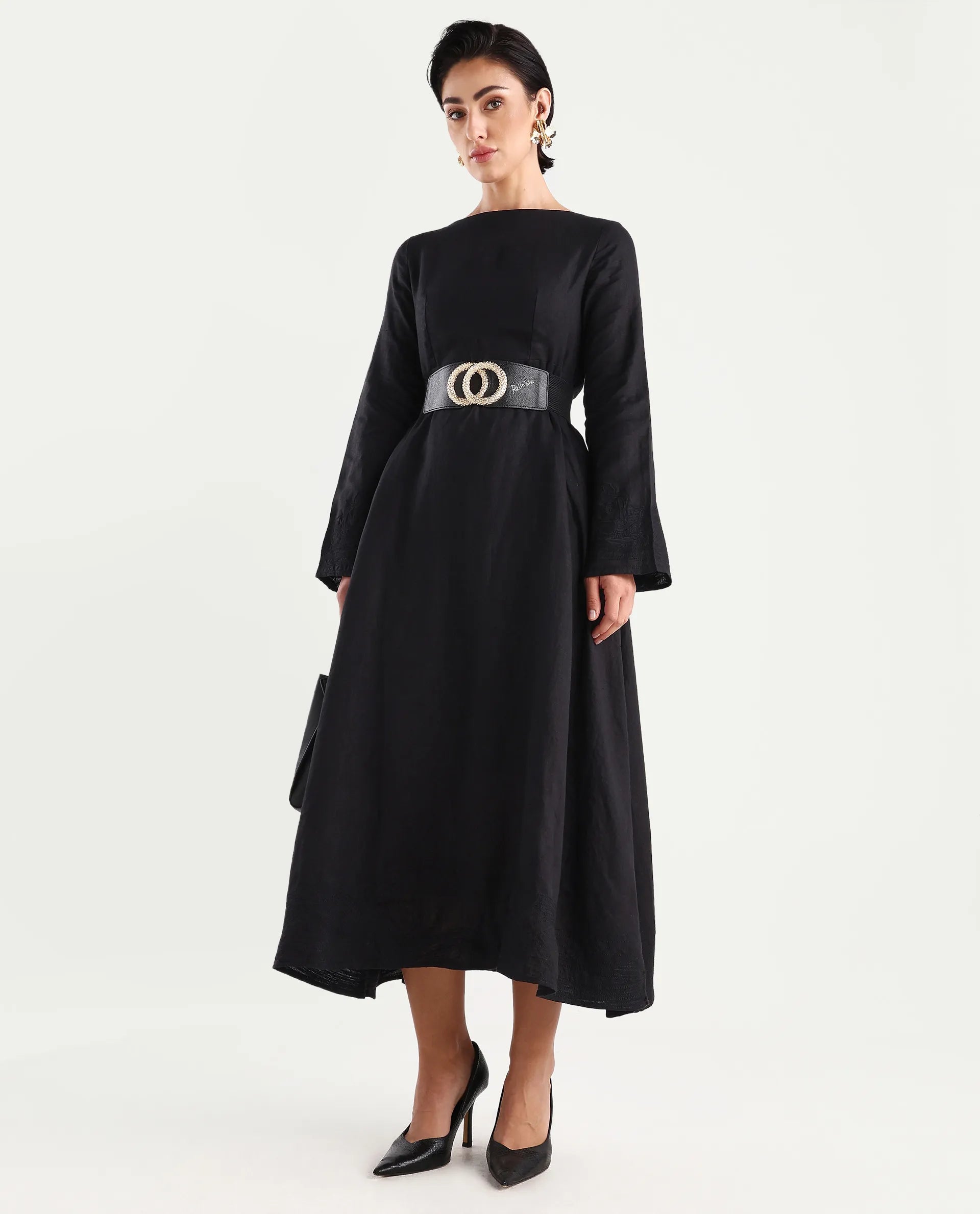 Rareism Women's Jander Black Linen Boat Neck Plain Maxi Fit And Flare Dress