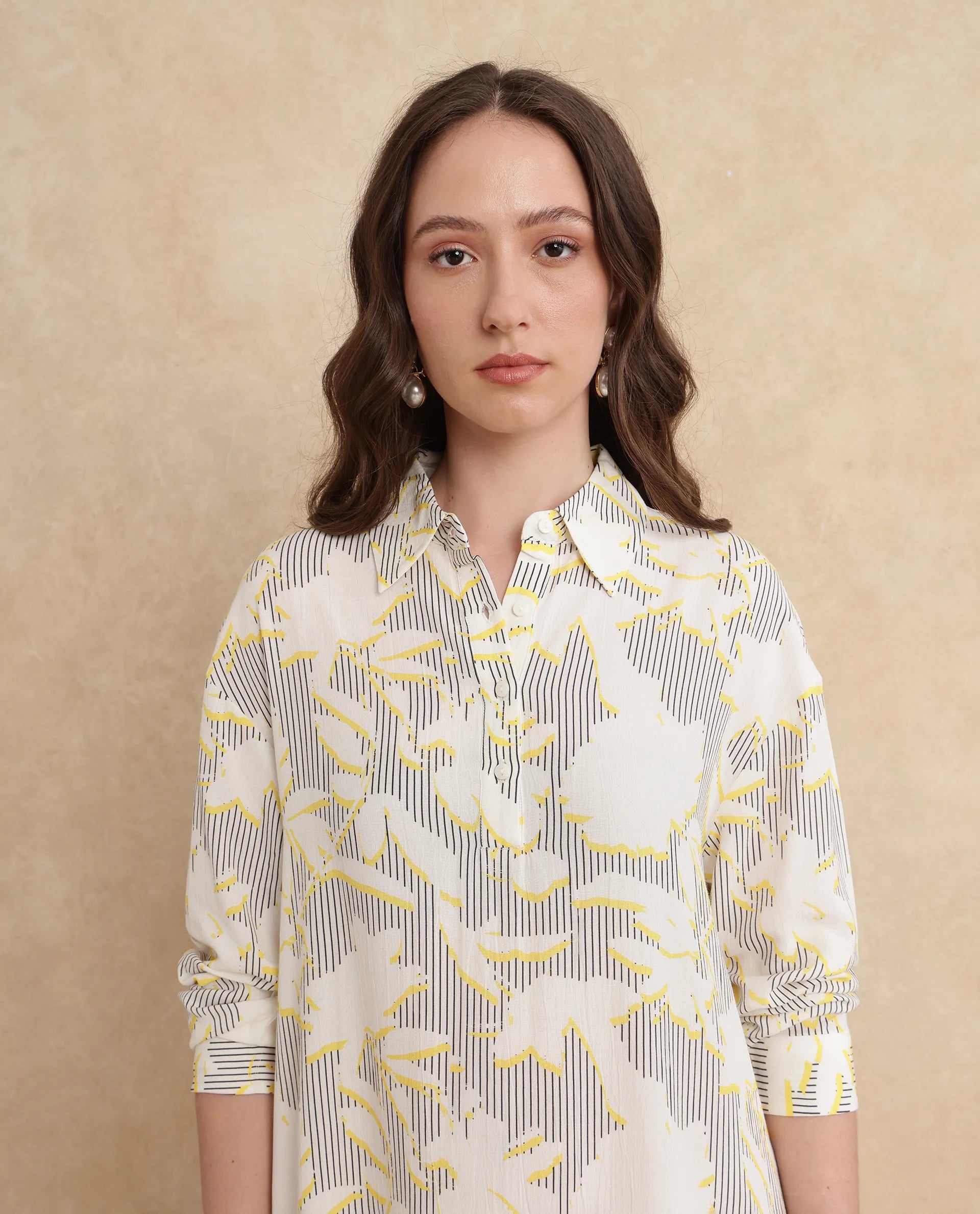 Rareism Women's Jandop Light Multi Cotton Fabric Collared Neck Button Closure Cuffed Sleeve Abstract A-Line Mini Dress