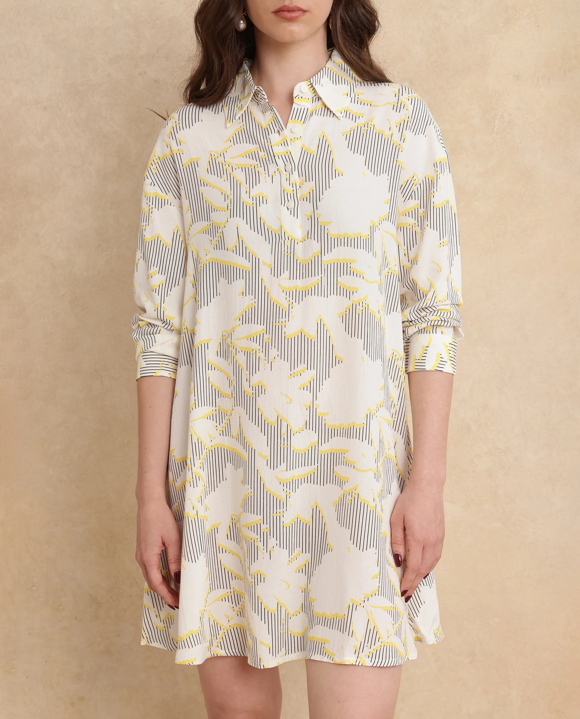 Rareism Women's Jandop Light Multi Cotton Fabric Collared Neck Button Closure Cuffed Sleeve Abstract A-Line Mini Dress