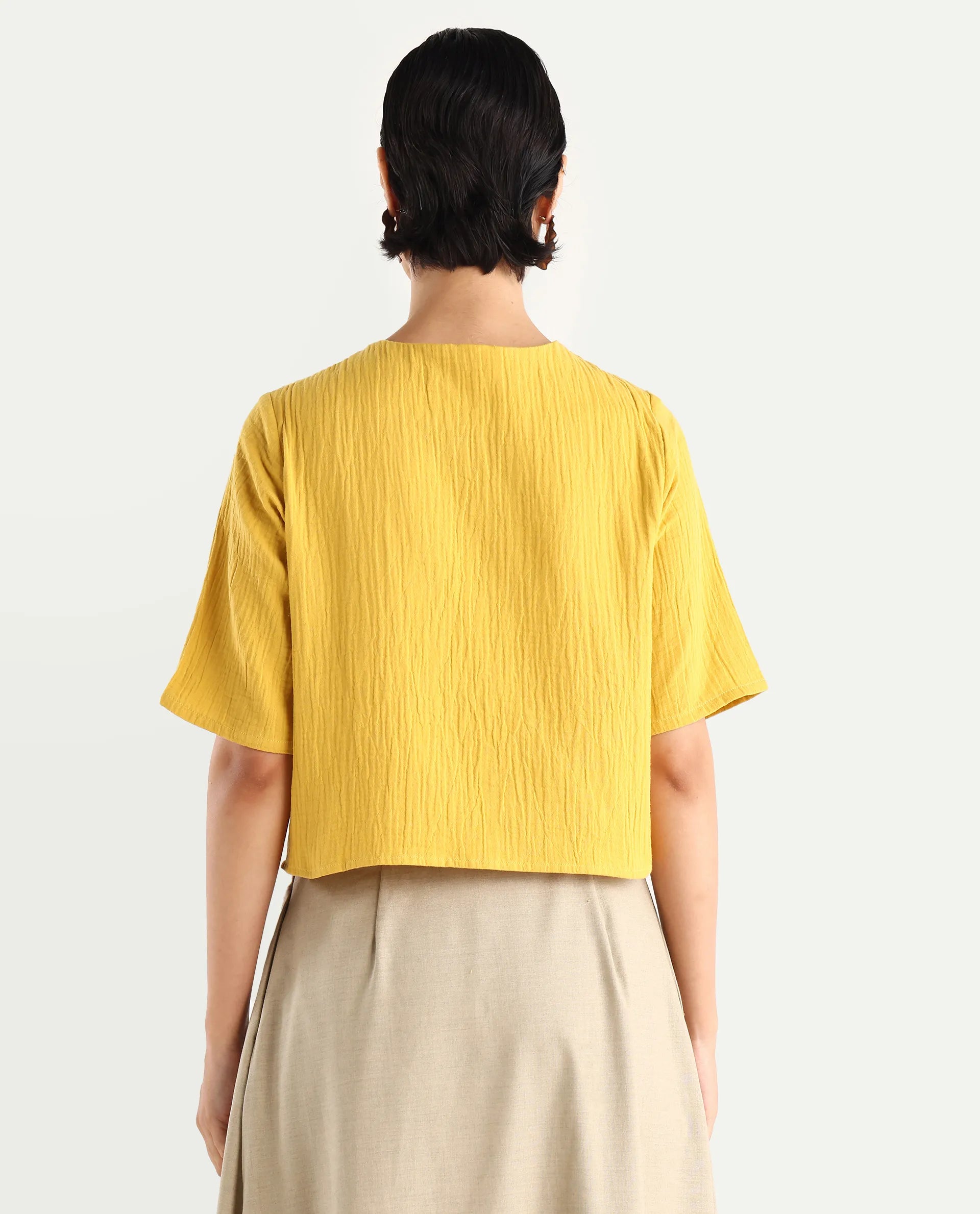 Rareism Women's Jandren T Mustard Cotton Round Neck Plain Relaxed Fit Top