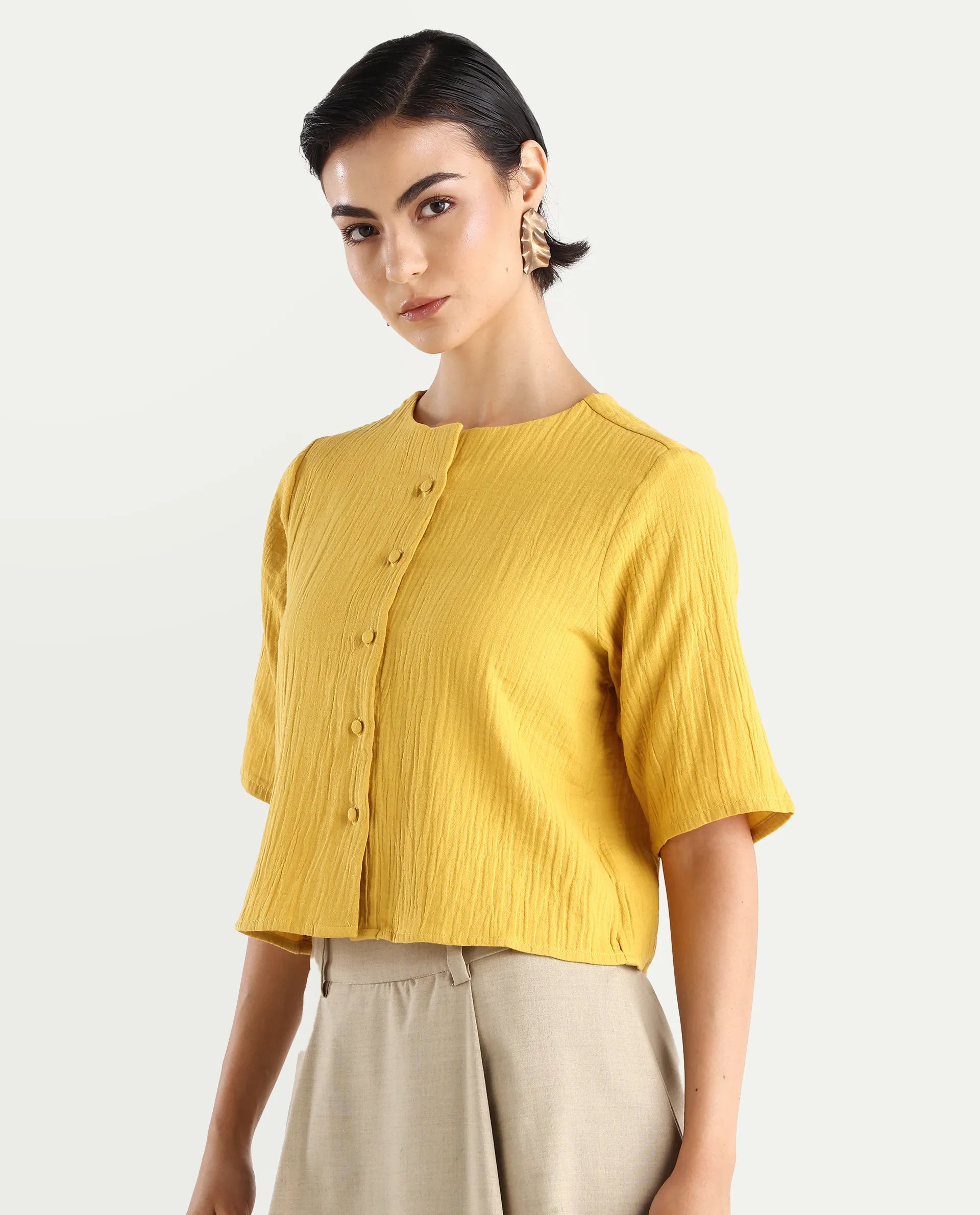 Rareism Women's Jandren T Mustard Cotton Round Neck Plain Relaxed Fit Top