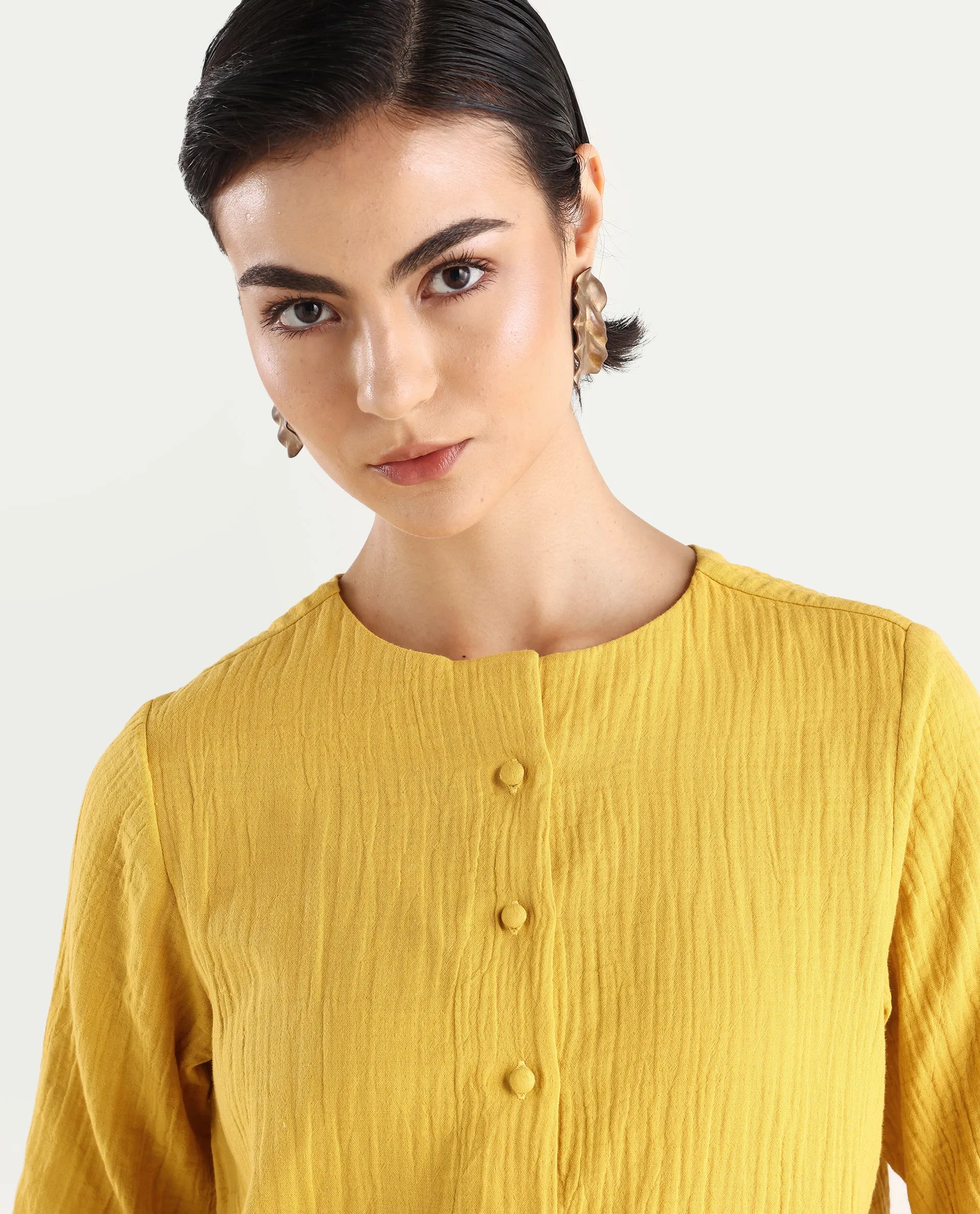Rareism Women's Jandren T Mustard Cotton Round Neck Plain Relaxed Fit Top