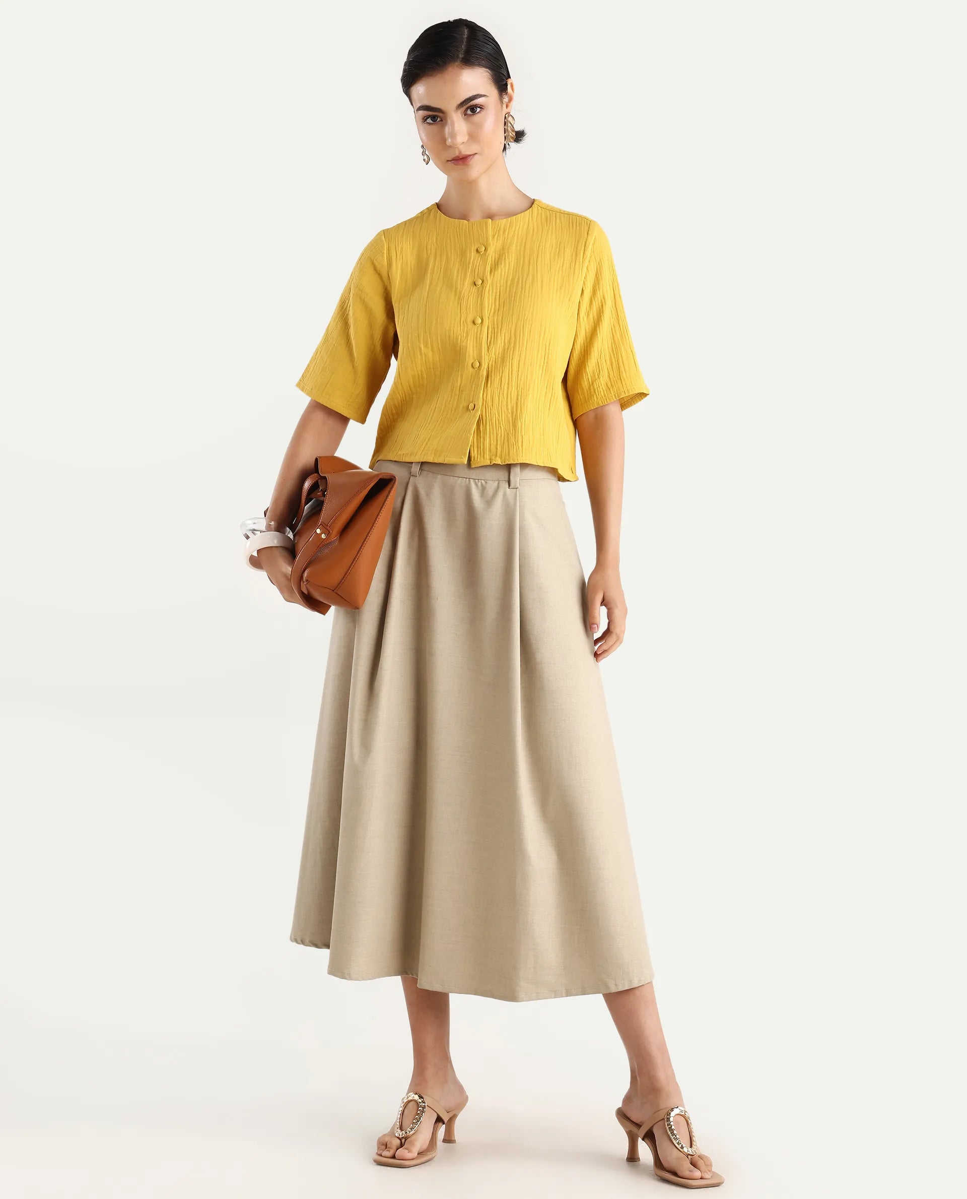 Rareism Women's Jandren T Mustard Cotton Round Neck Plain Relaxed Fit Top