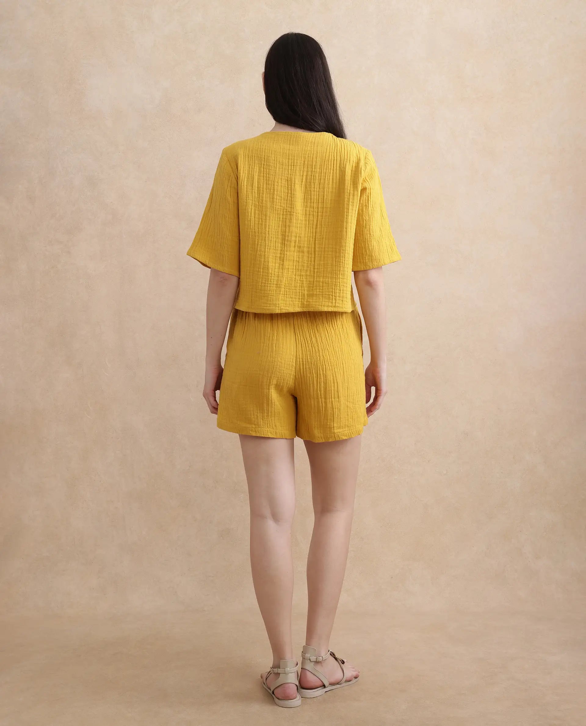 Rareism Women Jandren-B Mustard Cotton Fabric Regular Fit Mini Plain Shorts