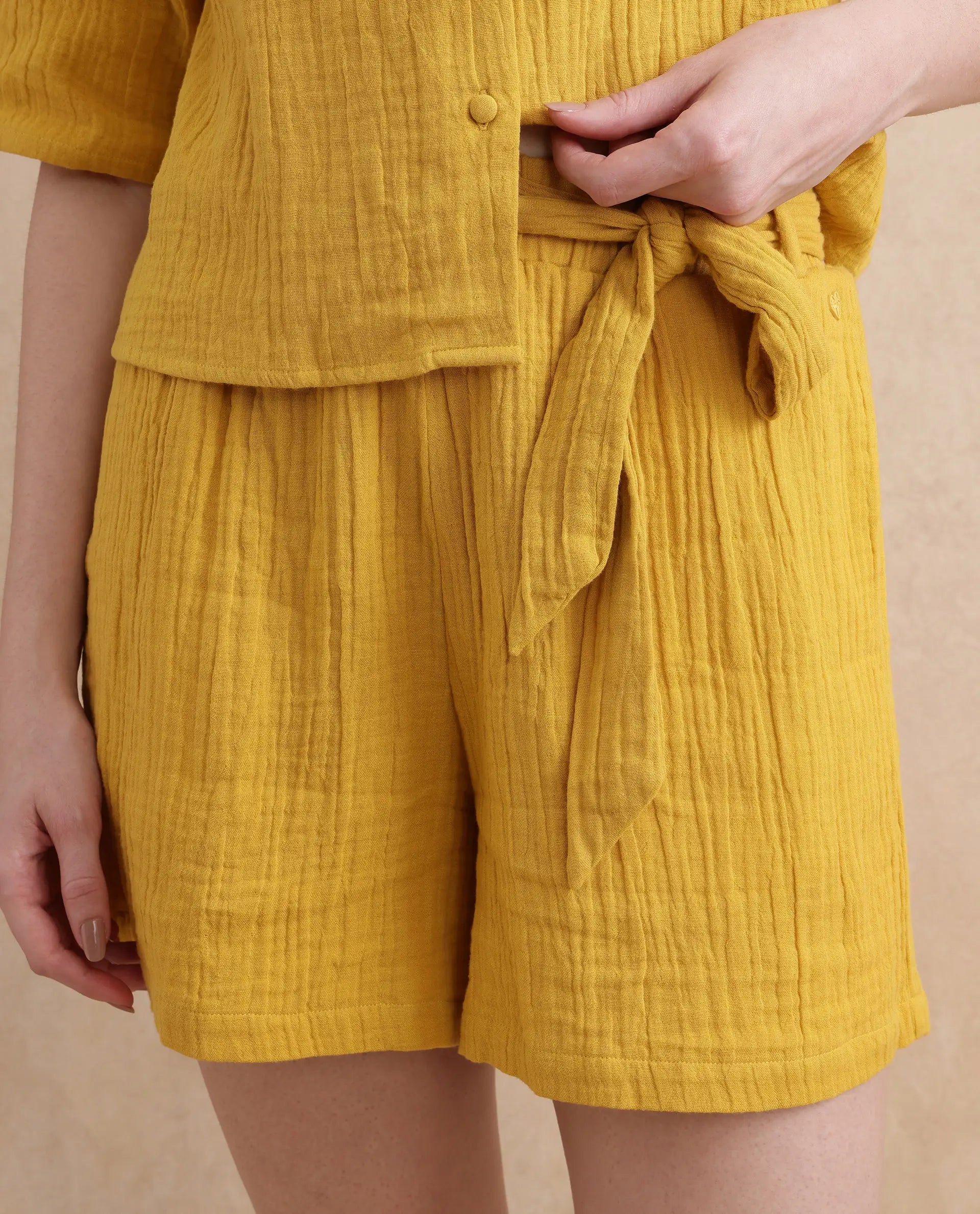 Rareism Women Jandren-B Mustard Cotton Fabric Regular Fit Mini Plain Shorts