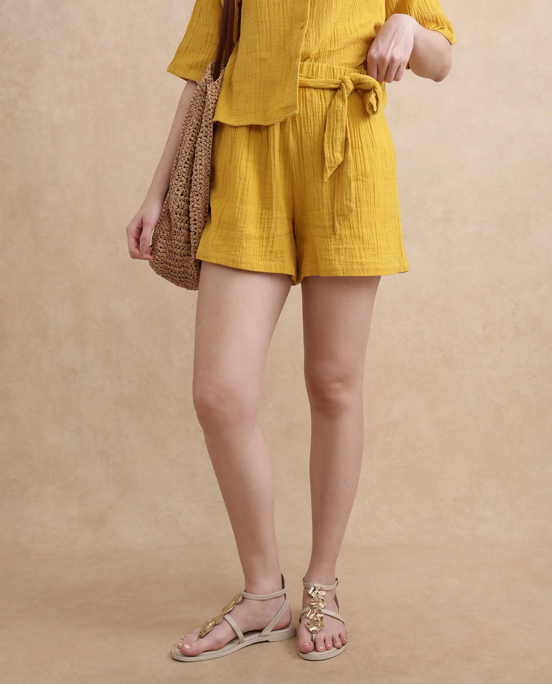 Rareism Women Jandren-B Mustard Cotton Fabric Regular Fit Mini Plain Shorts