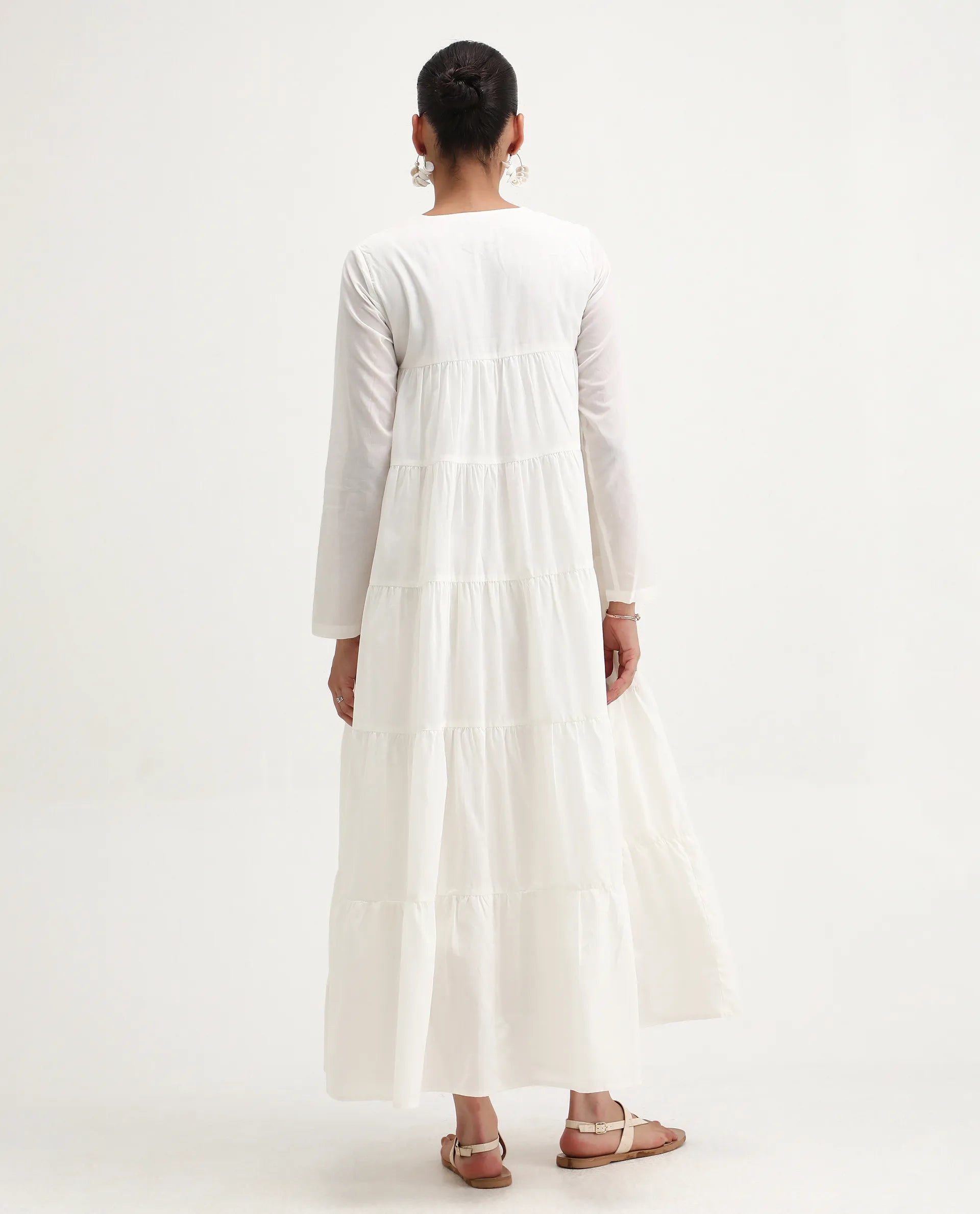 Rareism Women's Janear Beige Cotton Round Neck Plain Maxi Flared Dress