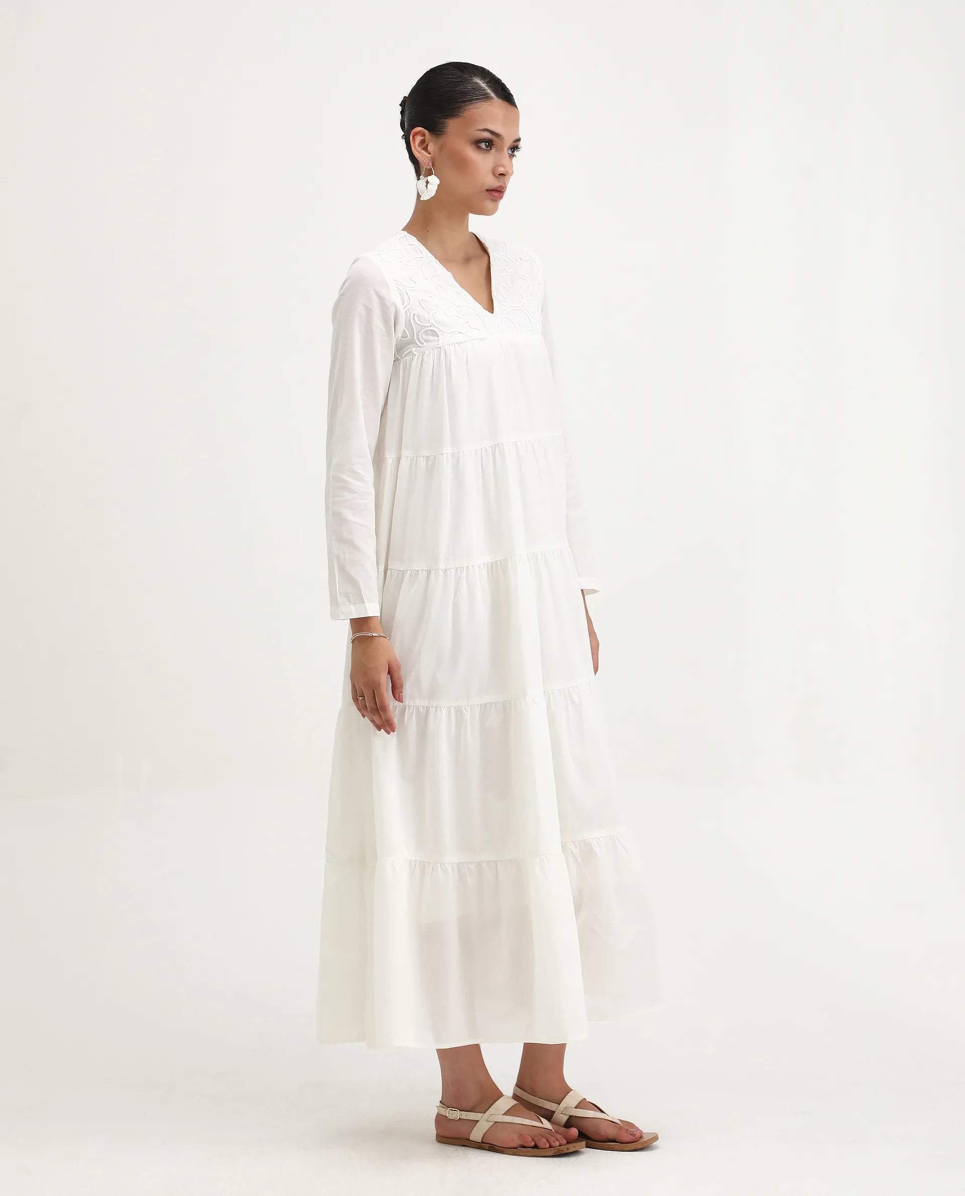 Rareism Women's Janear Beige Cotton Round Neck Plain Maxi Flared Dress