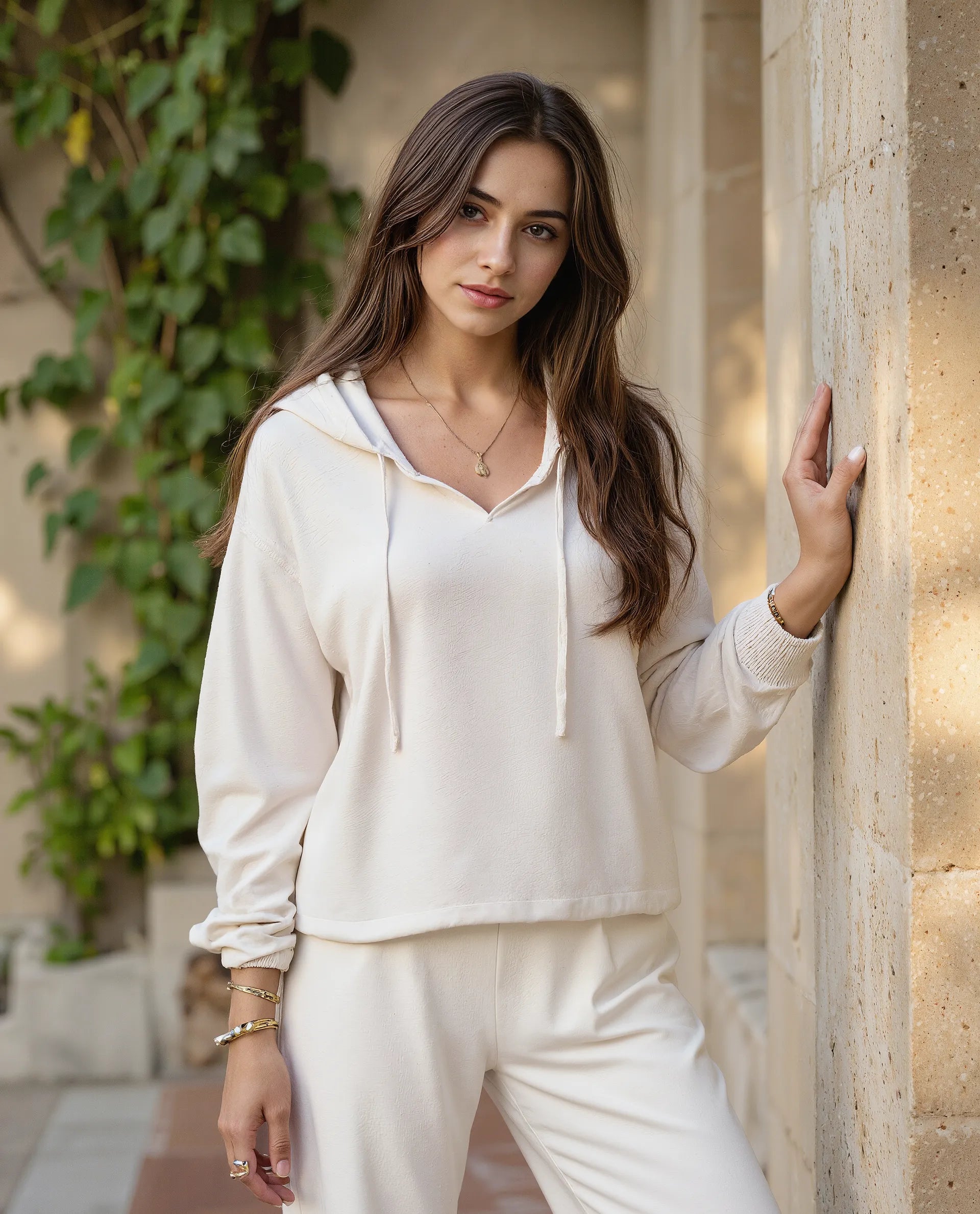 Rareism Women's Janfinn T Off White Viscose Blend Hooded Plain Relaxed Fit Top