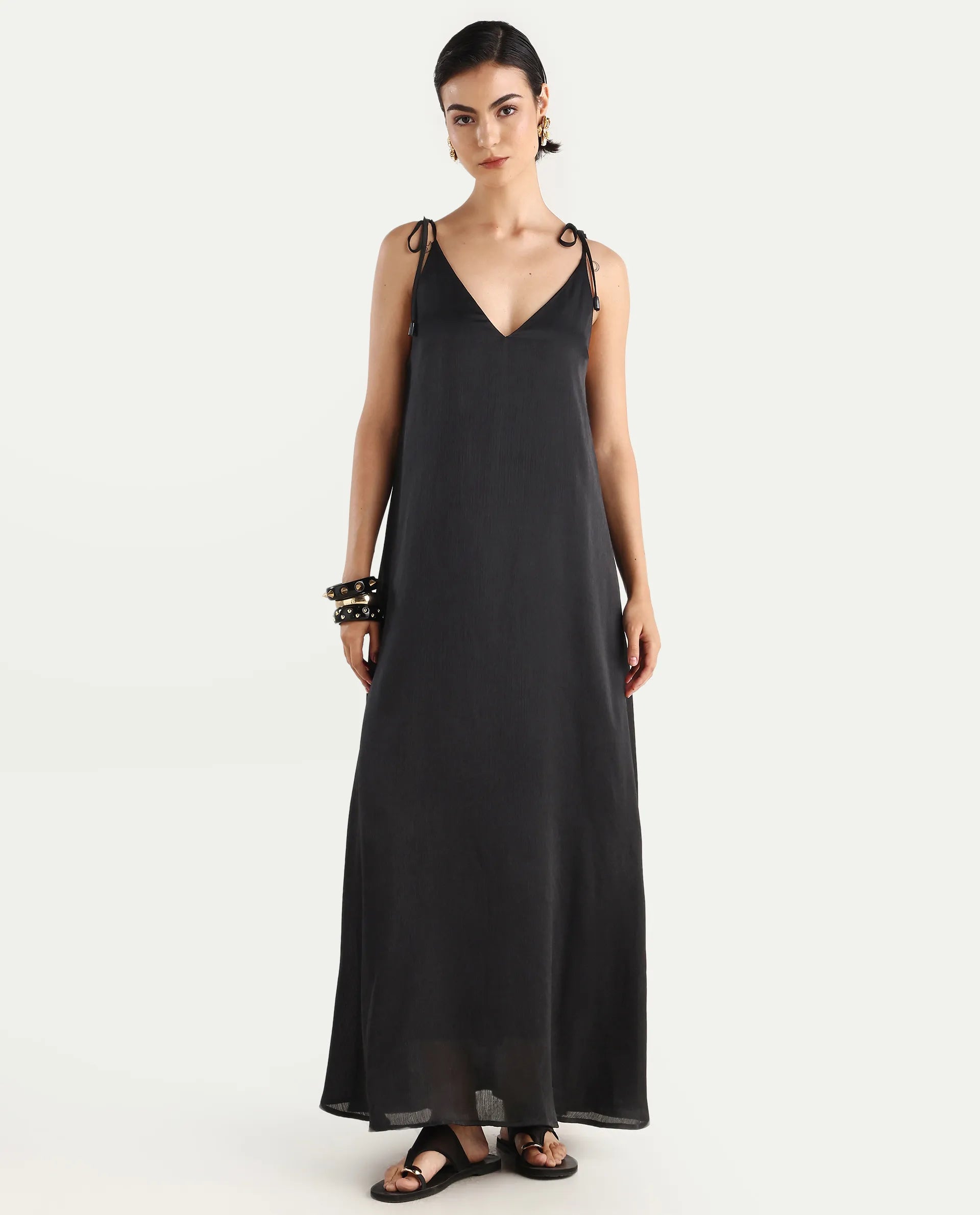 Rareism Women's Janfree Black Polyester Shoulder Strap Plain Sleeveless Maxi A-Line Dress