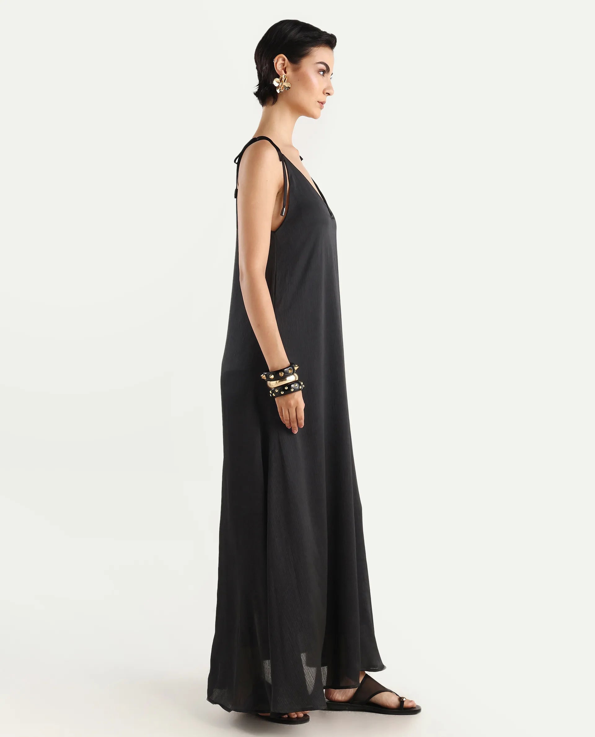 Rareism Women's Janfree Black Polyester Shoulder Strap Plain Sleeveless Maxi A-Line Dress