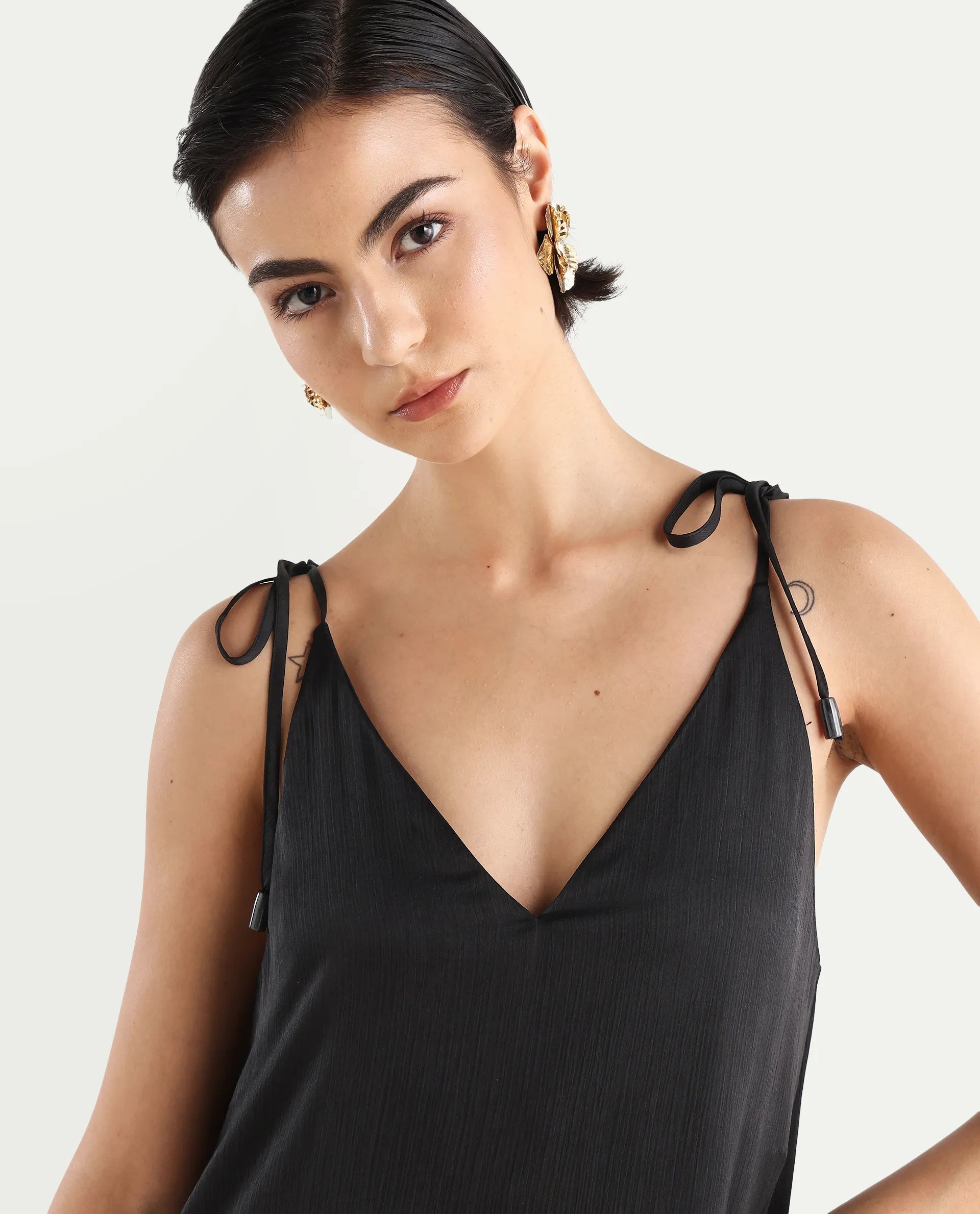 Rareism Women's Janfree Black Polyester Shoulder Strap Plain Sleeveless Maxi A-Line Dress