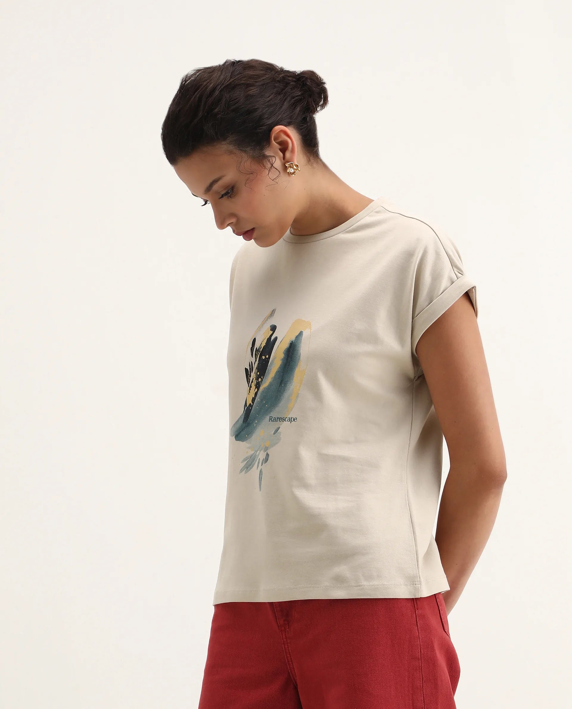 Rareism Women's Jango-S26 Beige Cotton Half Sleeve Regular Fit Graphic Print T-Shirt