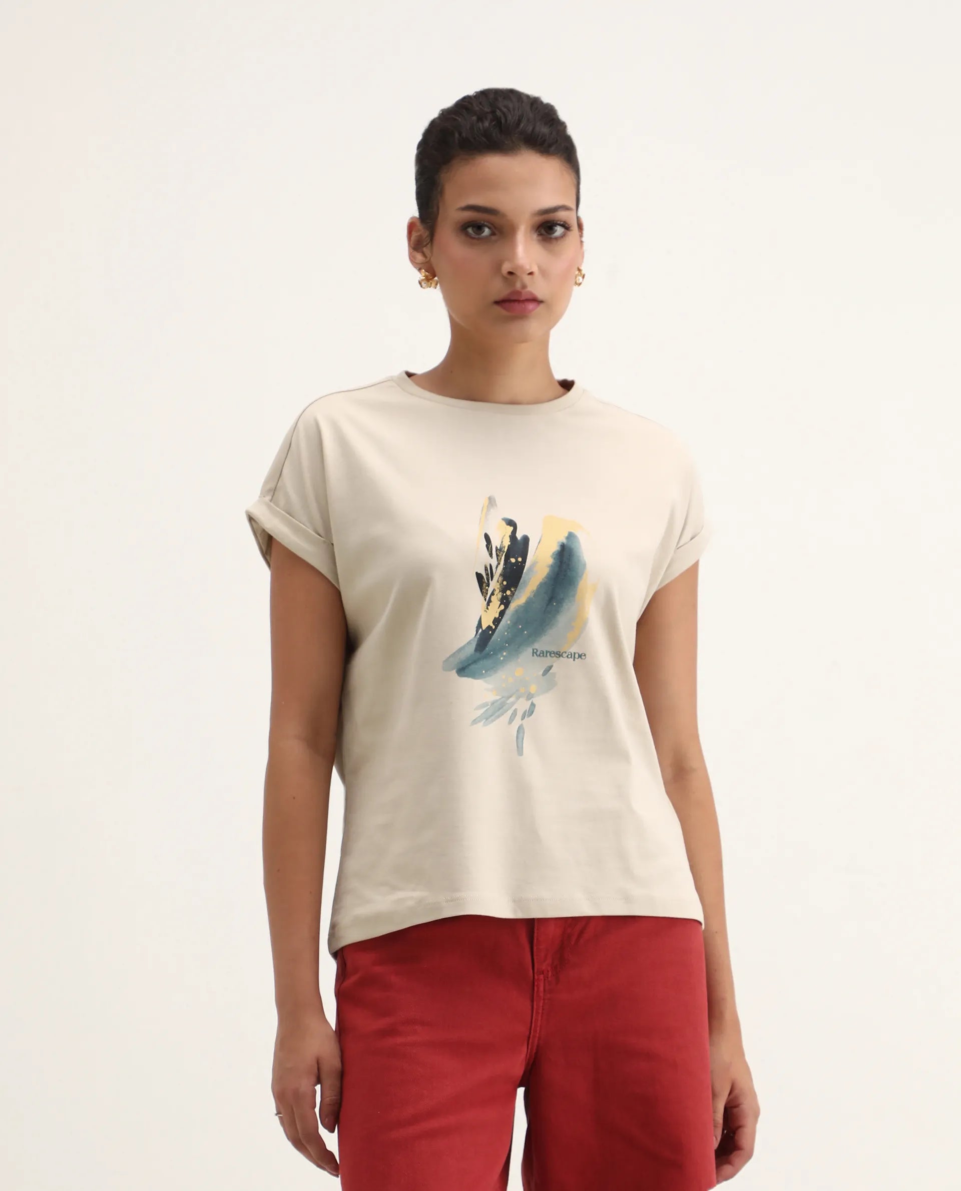 Rareism Women's Jango Beige Cotton Round Neck Graphic Print Extended Sleeves Regular Fit T-Shirt