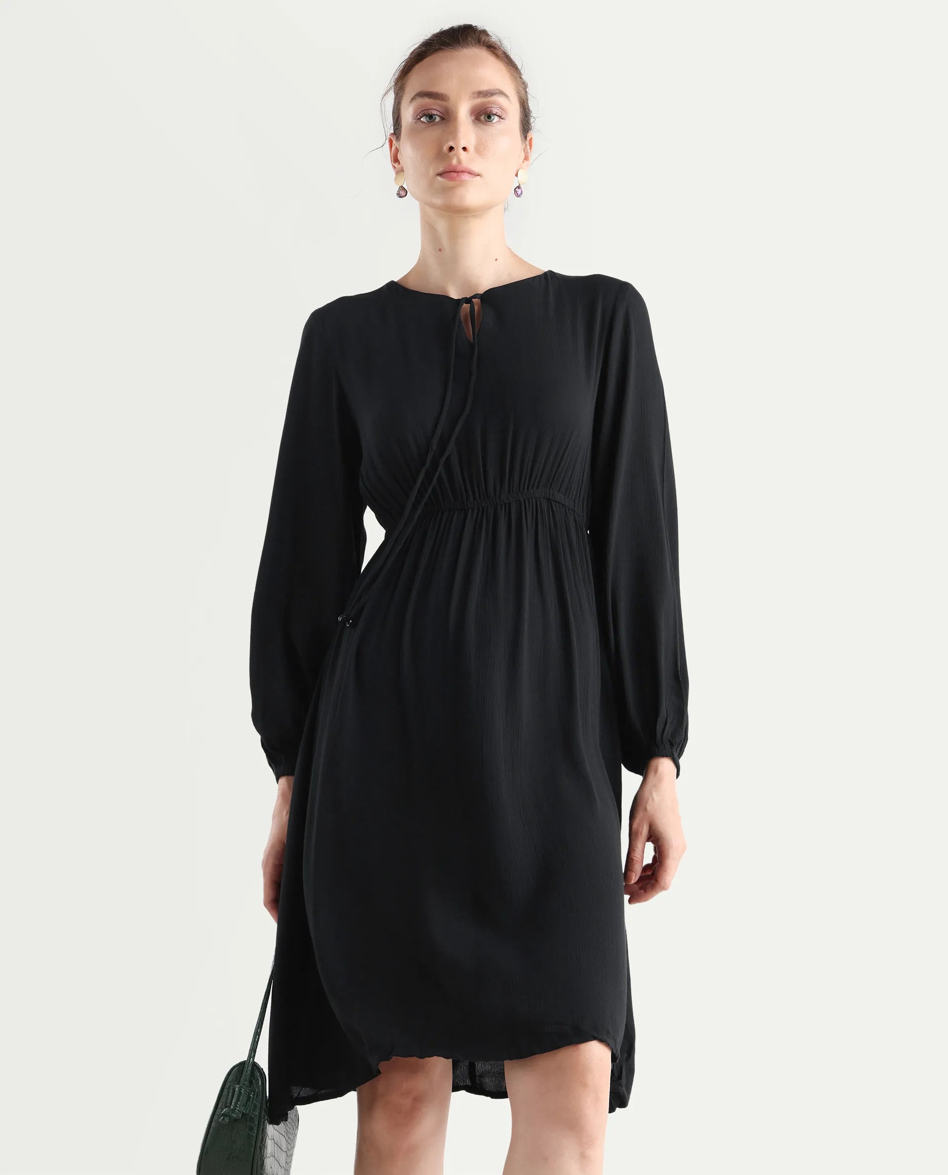 Rareism Women's Janog Black Cotton Tie-Up Neck Plain Bishop Sleeve Knee Length Fit And Flare Dress