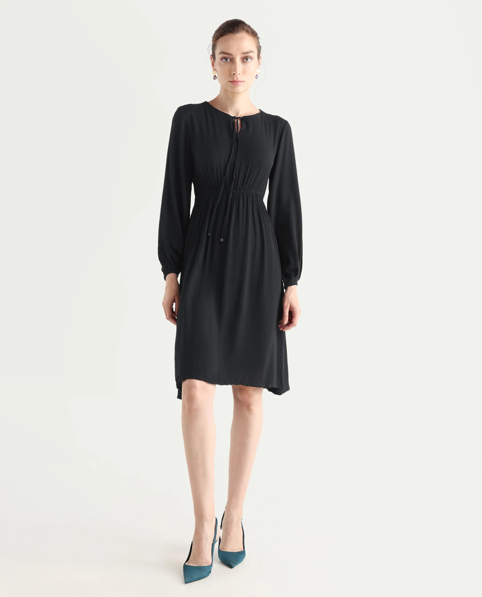 Rareism Women's Janog Black Cotton Tie-Up Neck Plain Bishop Sleeve Knee Length Fit And Flare Dress