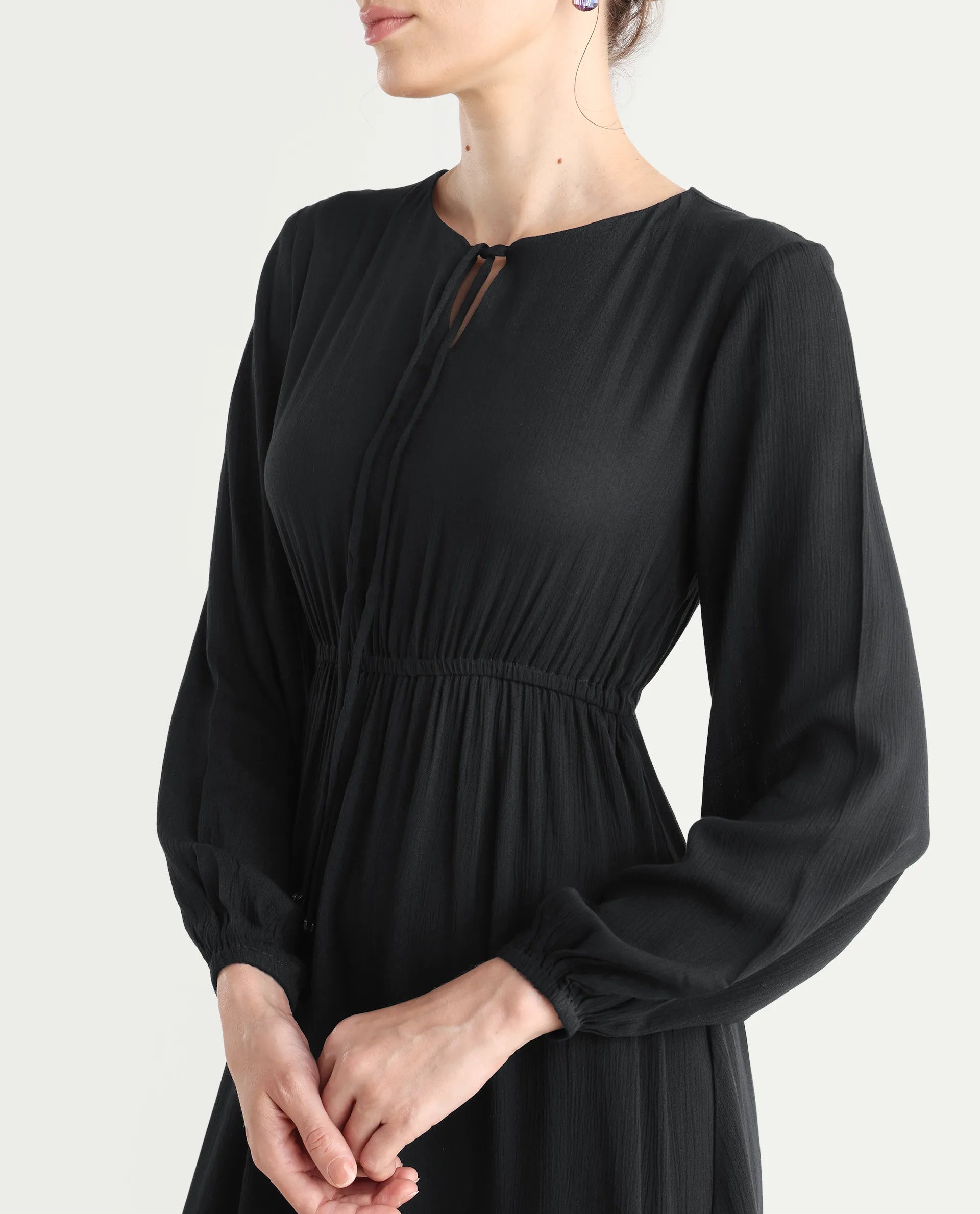 Rareism Women's Janog Black Cotton Tie-Up Neck Plain Bishop Sleeve Knee Length Fit And Flare Dress