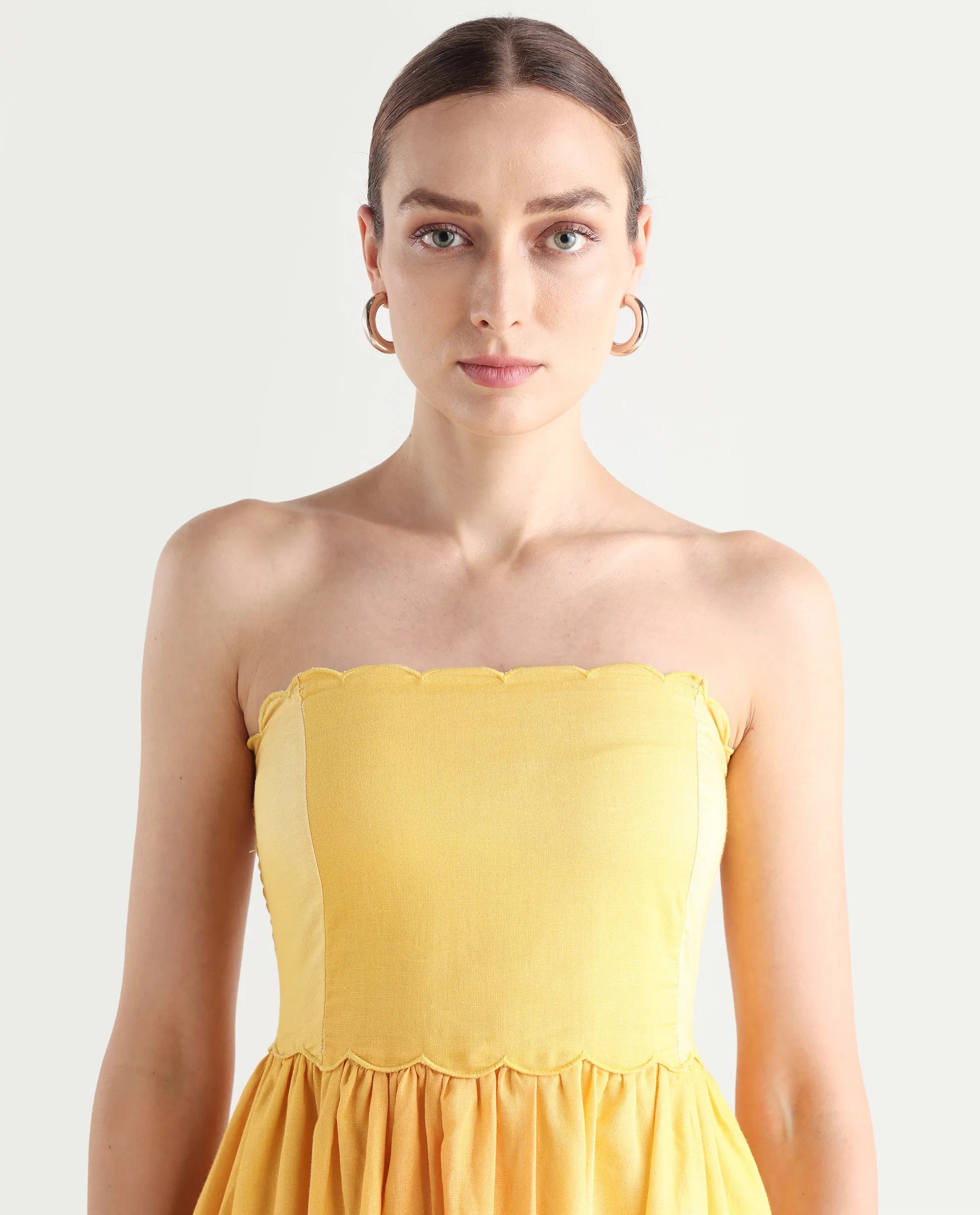 Rareism Women's Janholo Light Mustard Cotton Blend Tube Neck Ombre Sleeveless Maxi Fit And Flare Dress