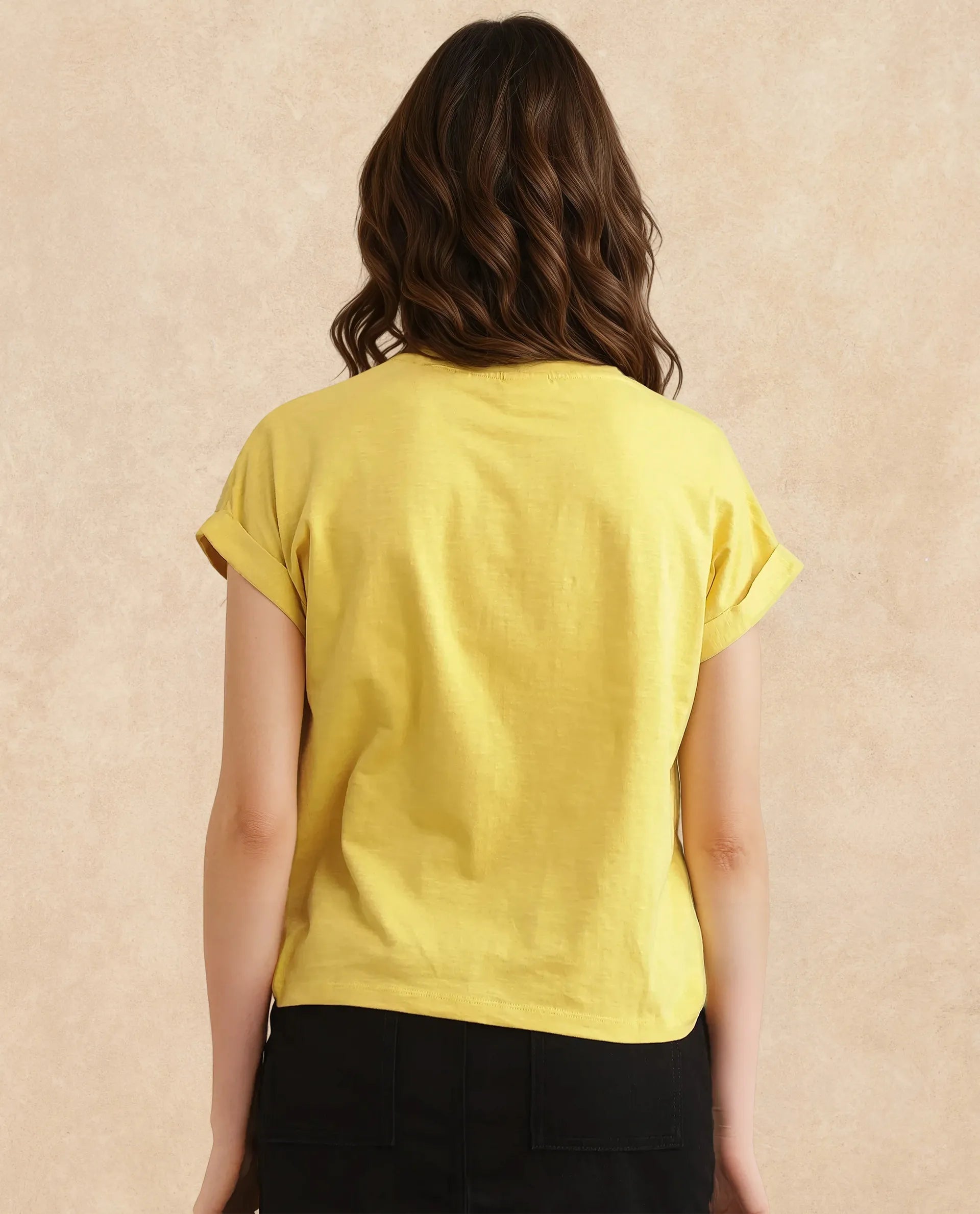 Rareism Women Janinen Mustard Rayon Nylon Fabric Extended Sleeve Collared Neck Regular Fit Plain T-Shirt