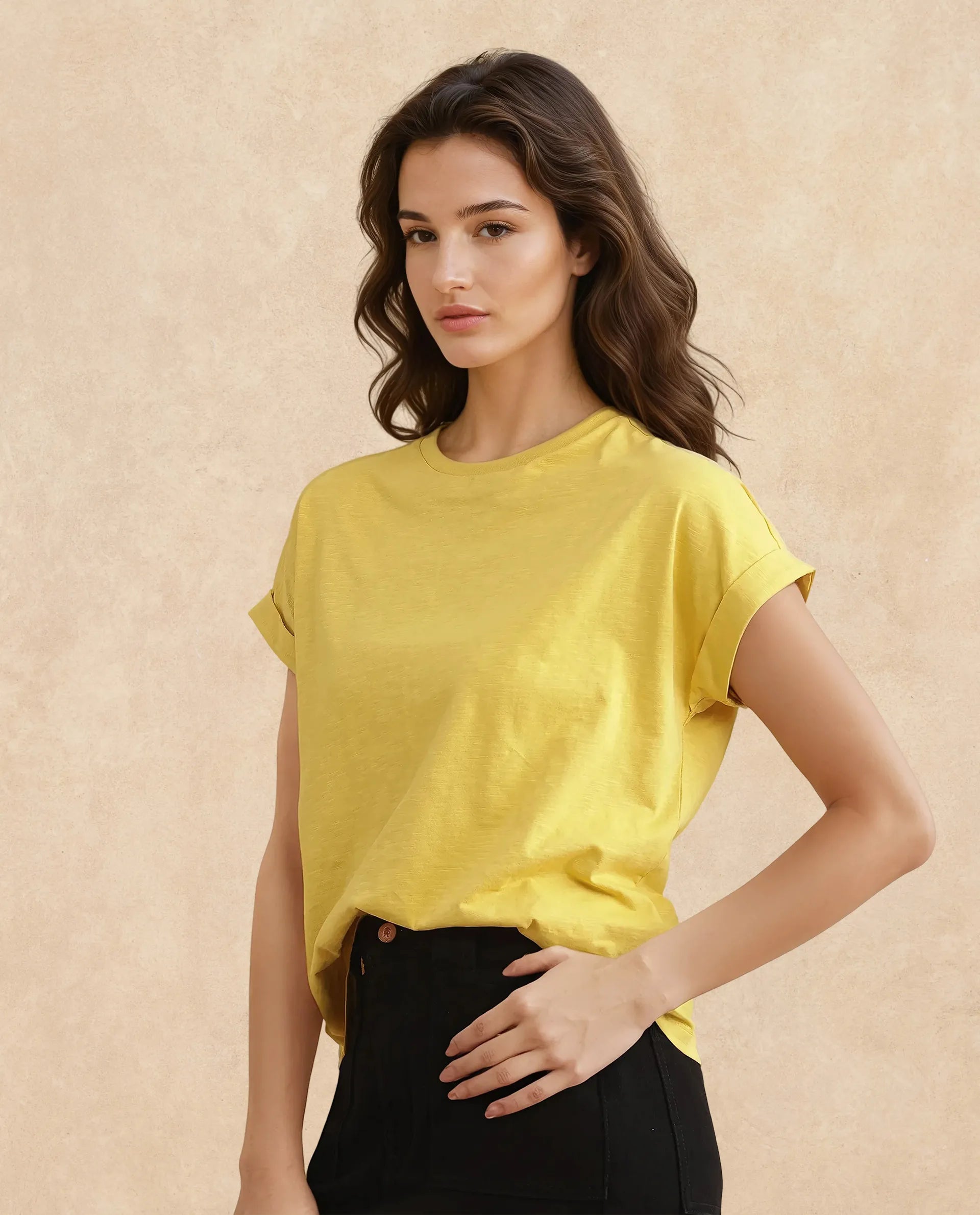Rareism Women Janinen Mustard Rayon Nylon Fabric Extended Sleeve Collared Neck Regular Fit Plain T-Shirt
