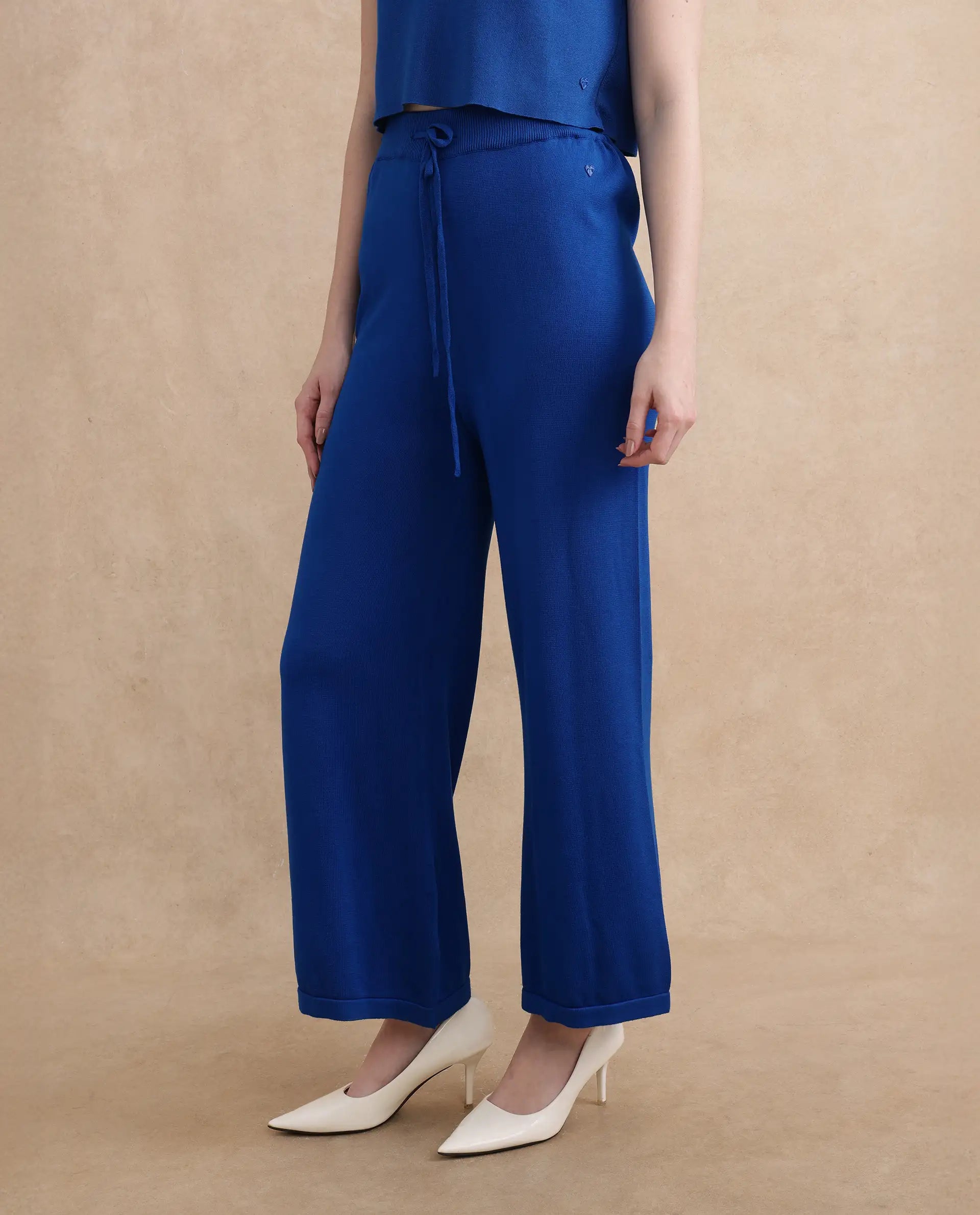 Rareism Women Jankara-B Blue Rayon Nylon Fabric Straight Fit Ankle Length Plain Trouser