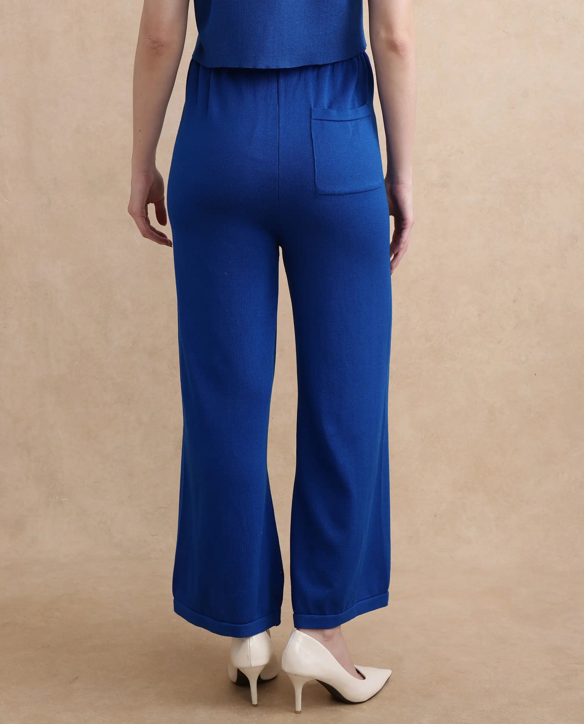 Rareism Women Jankara-B Blue Rayon Nylon Fabric Straight Fit Ankle Length Plain Trouser