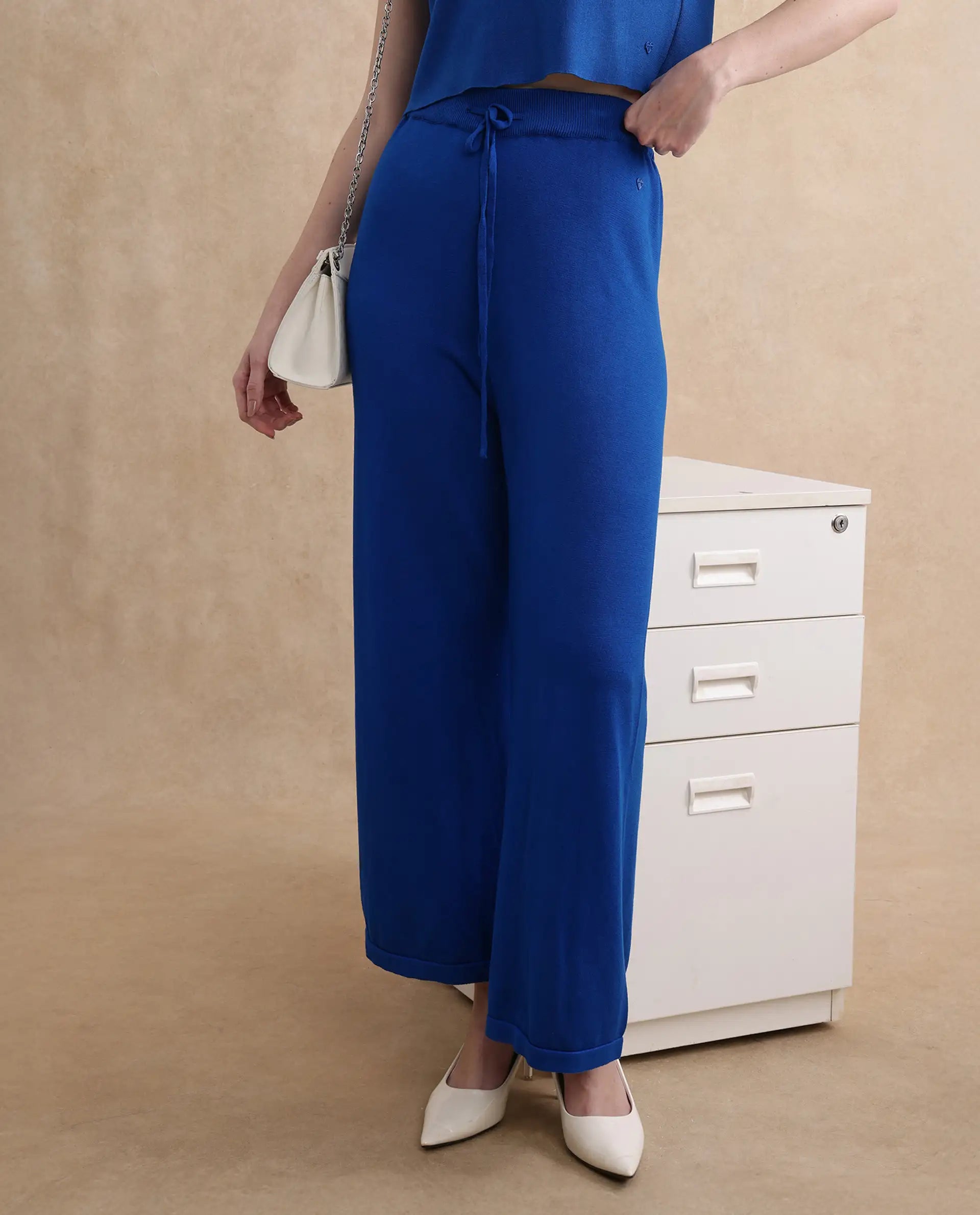 Rareism Women Jankara-B Blue Rayon Nylon Fabric Straight Fit Ankle Length Plain Trouser