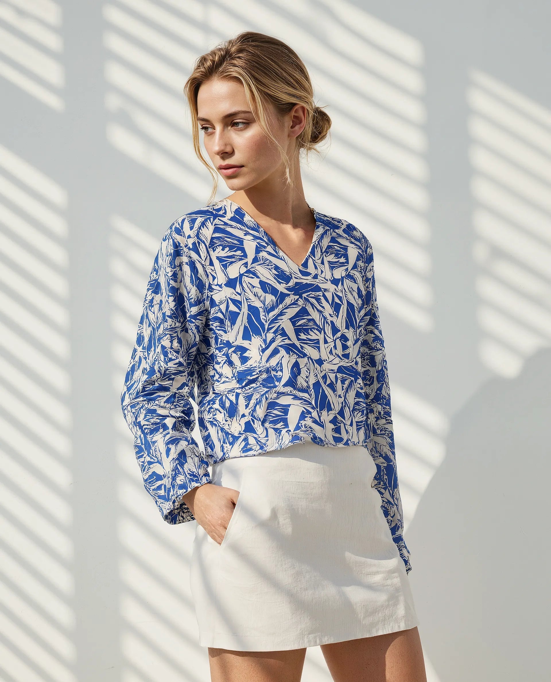 Rareism Women's Jankem Light Blue Viscose Overlap Neck Abstract Print Bell Sleeve Crop Regular Fit Top