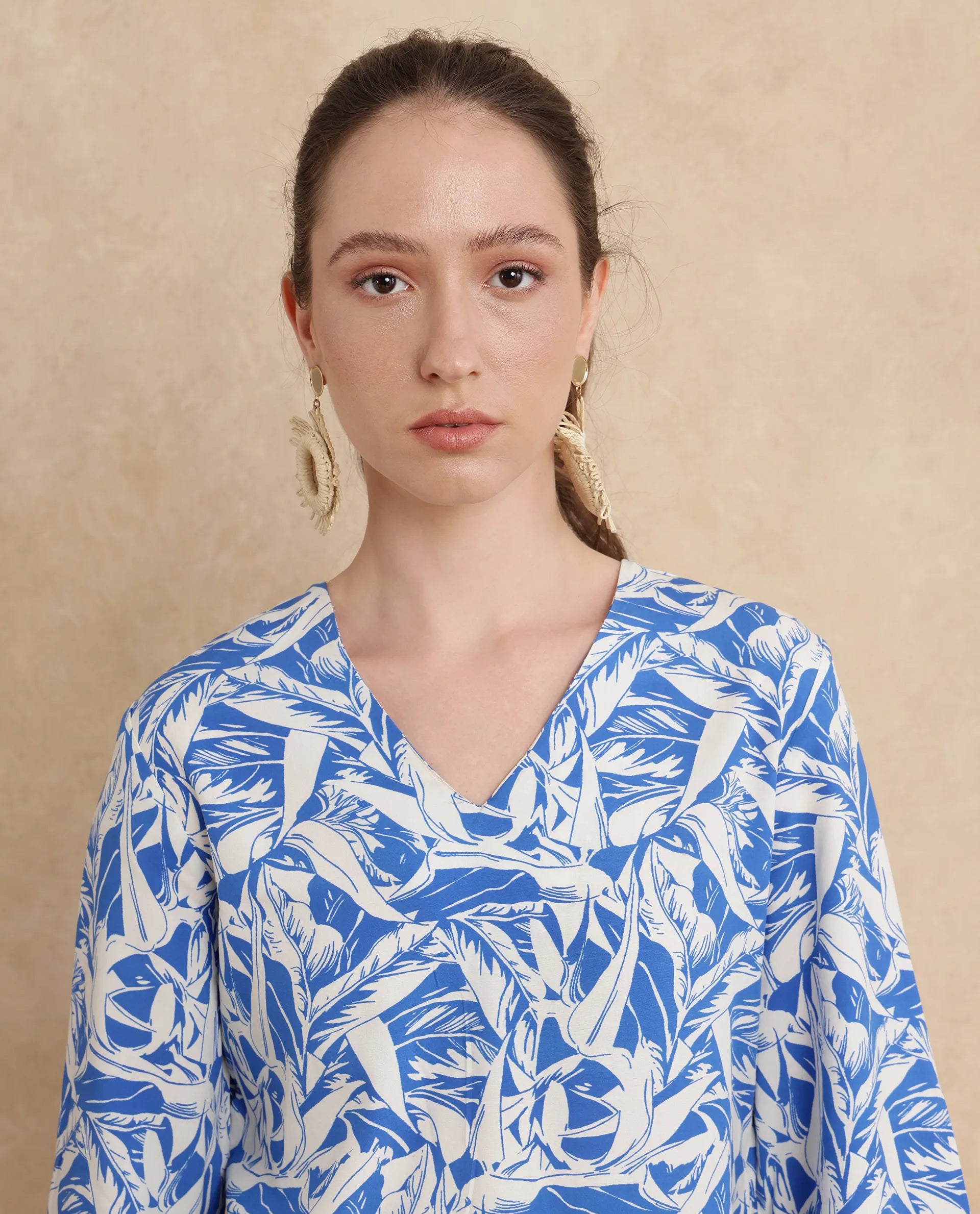 Rareism Women Jankem Light Blue Viscose Fabric Bell Seeves Regular Fit Cropped Abstract Print Top