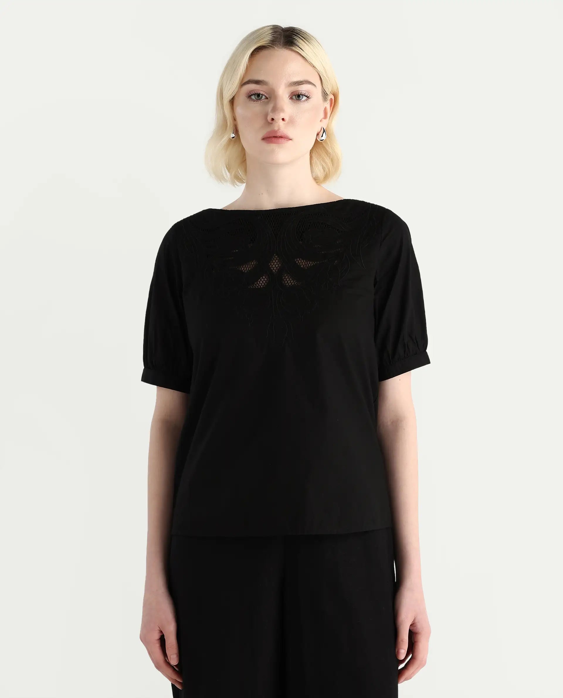 Rareism Women's Janla Black Cotton Boat Neck Embroidered Regular Fit Top