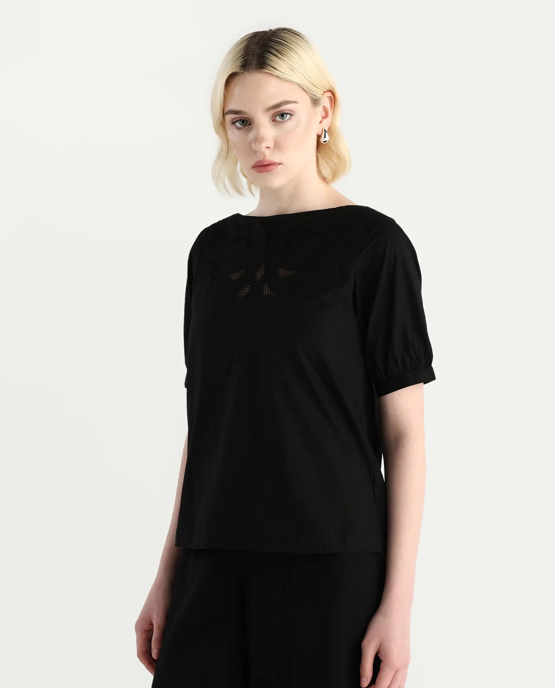 Rareism Women's Janla Black Cotton Boat Neck Embroidered Regular Fit Top