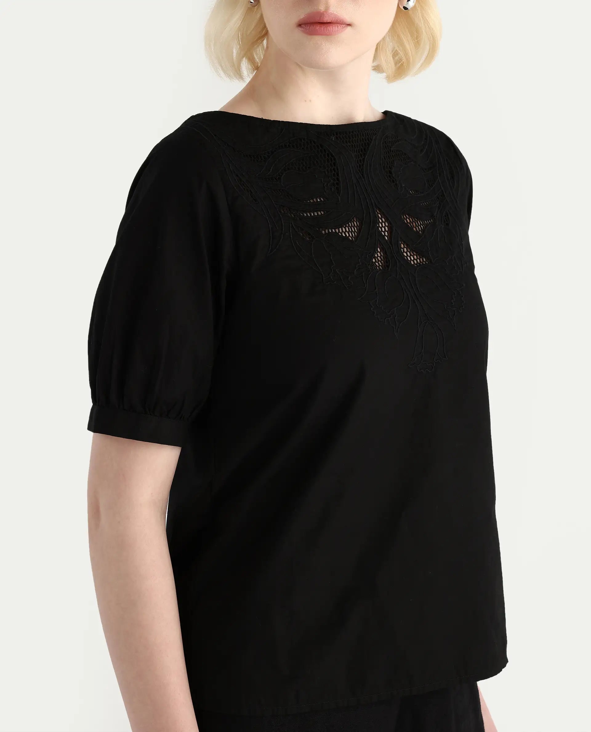 Rareism Women's Janla Black Cotton Boat Neck Embroidered Regular Fit Top