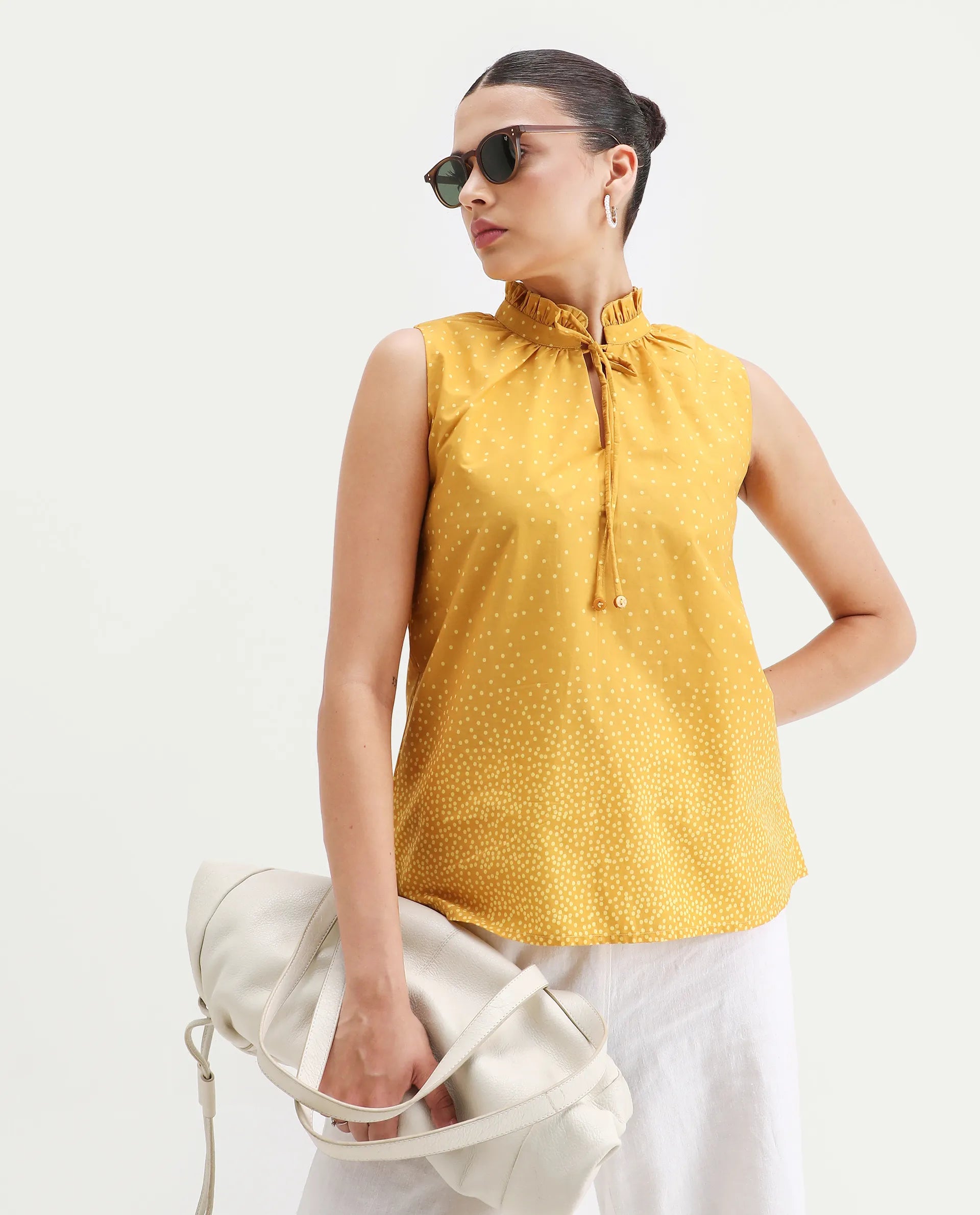 Rareism Women's Janlepo Mustard Cotton Band Collar Polka Print Sleeveless Regular Fit Top