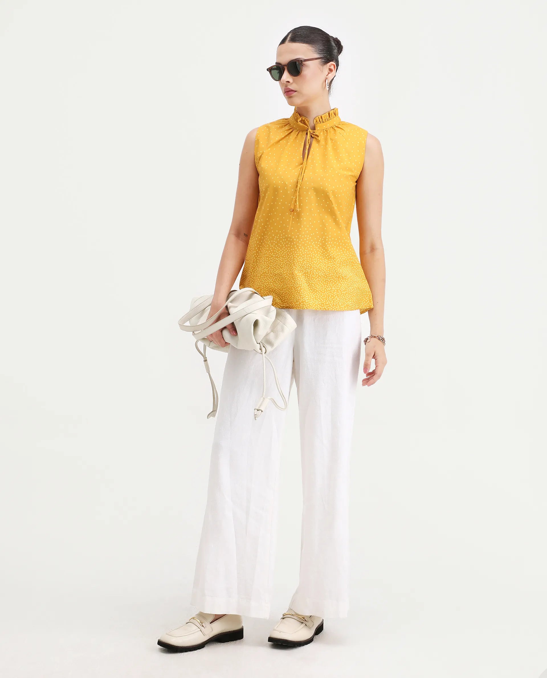 Rareism Women's Janlepo Mustard Cotton Band Collar Polka Print Sleeveless Regular Fit Top