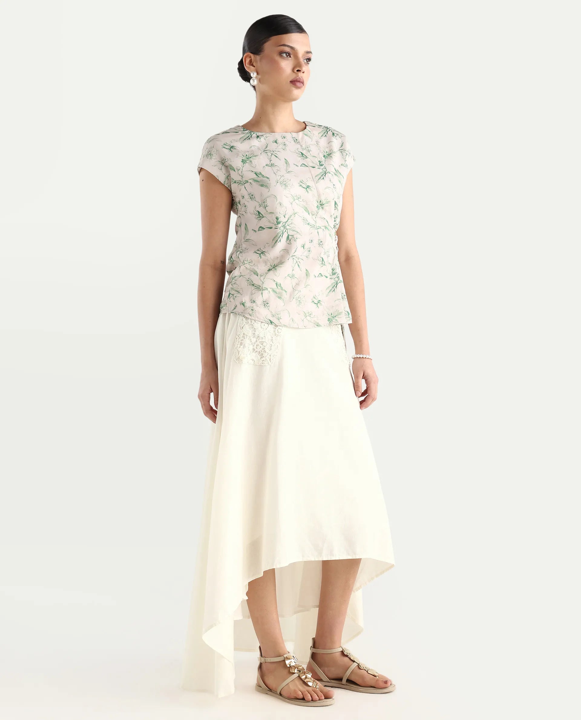 Rareism Women's Janlom B Off White Cotton Blend Plain Ankle Length A-Line Skirt