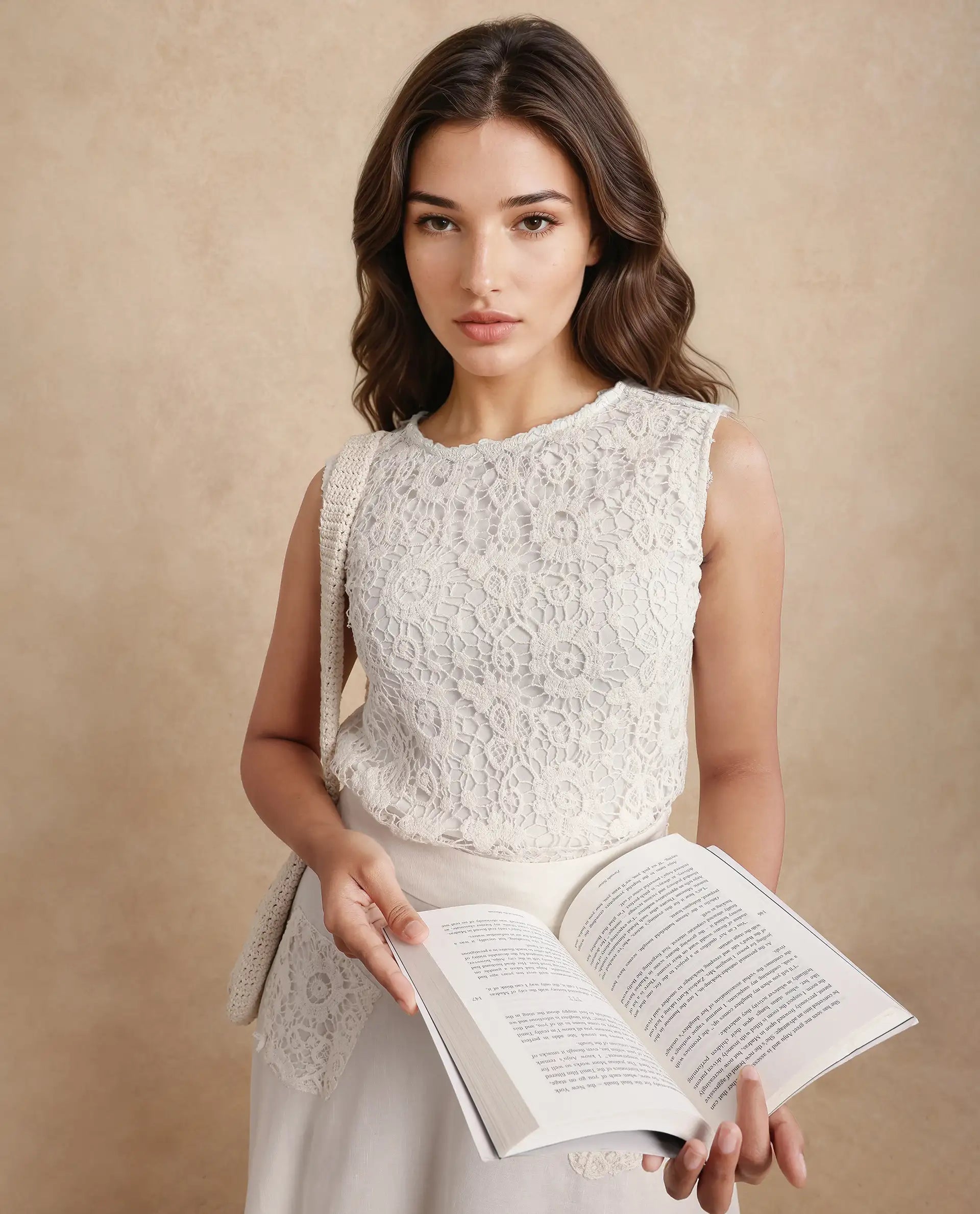 Rareism Women's Janlom T White Cotton Round Neck Abstract Print Sleeveless Crop Boxy Fit Top