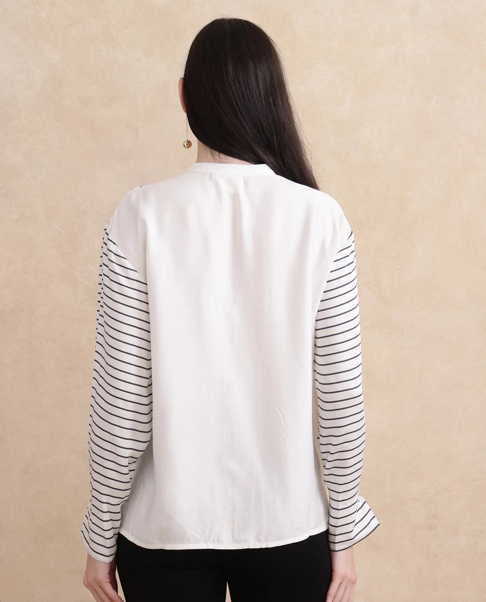 Rareism Women Janlopo Off White Modal Fabric Regular Sleeve Regular Fit Narrow Stripes Top