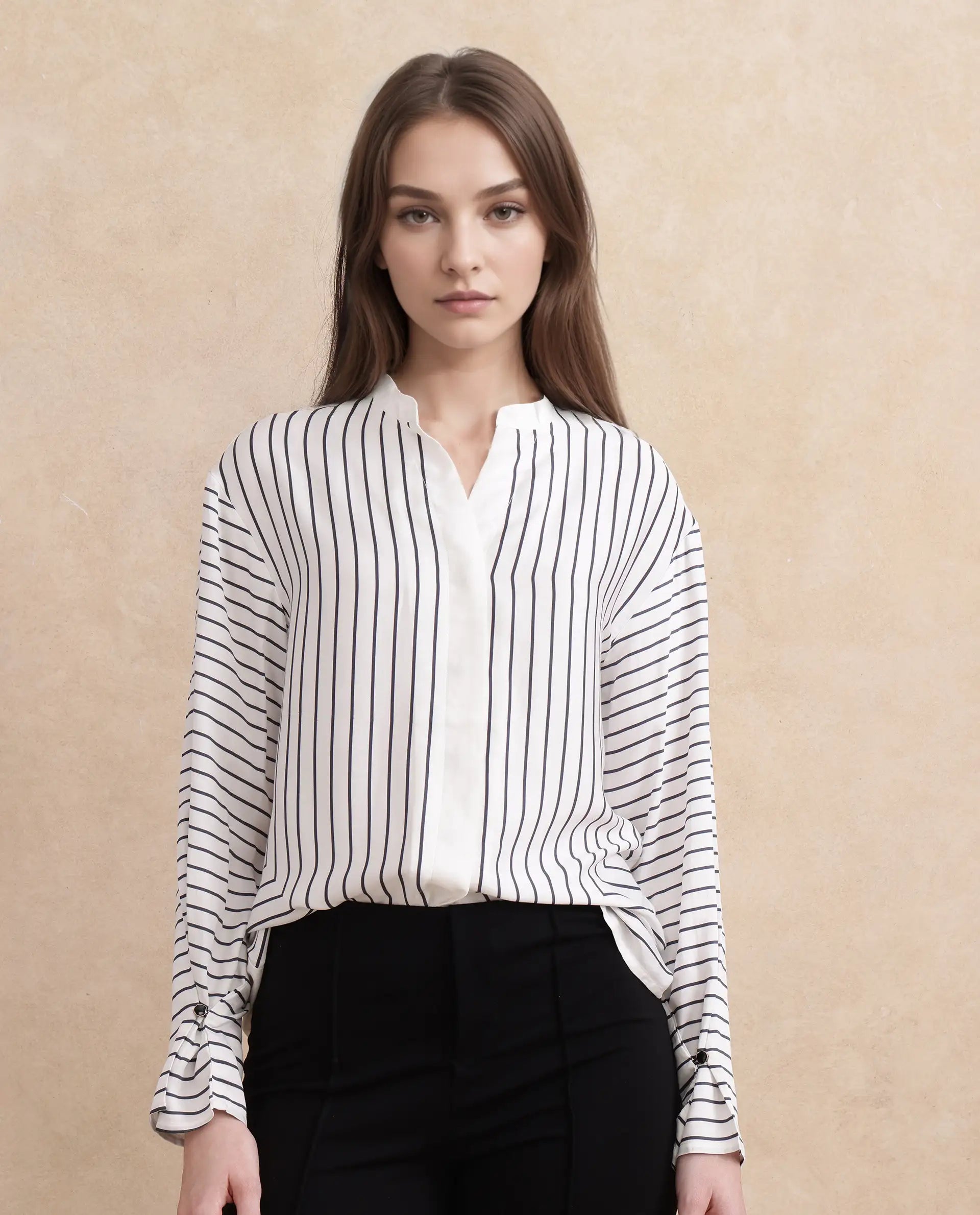 Rareism Women Janlopo Off White Modal Fabric Regular Sleeve Regular Fit Narrow Stripes Top