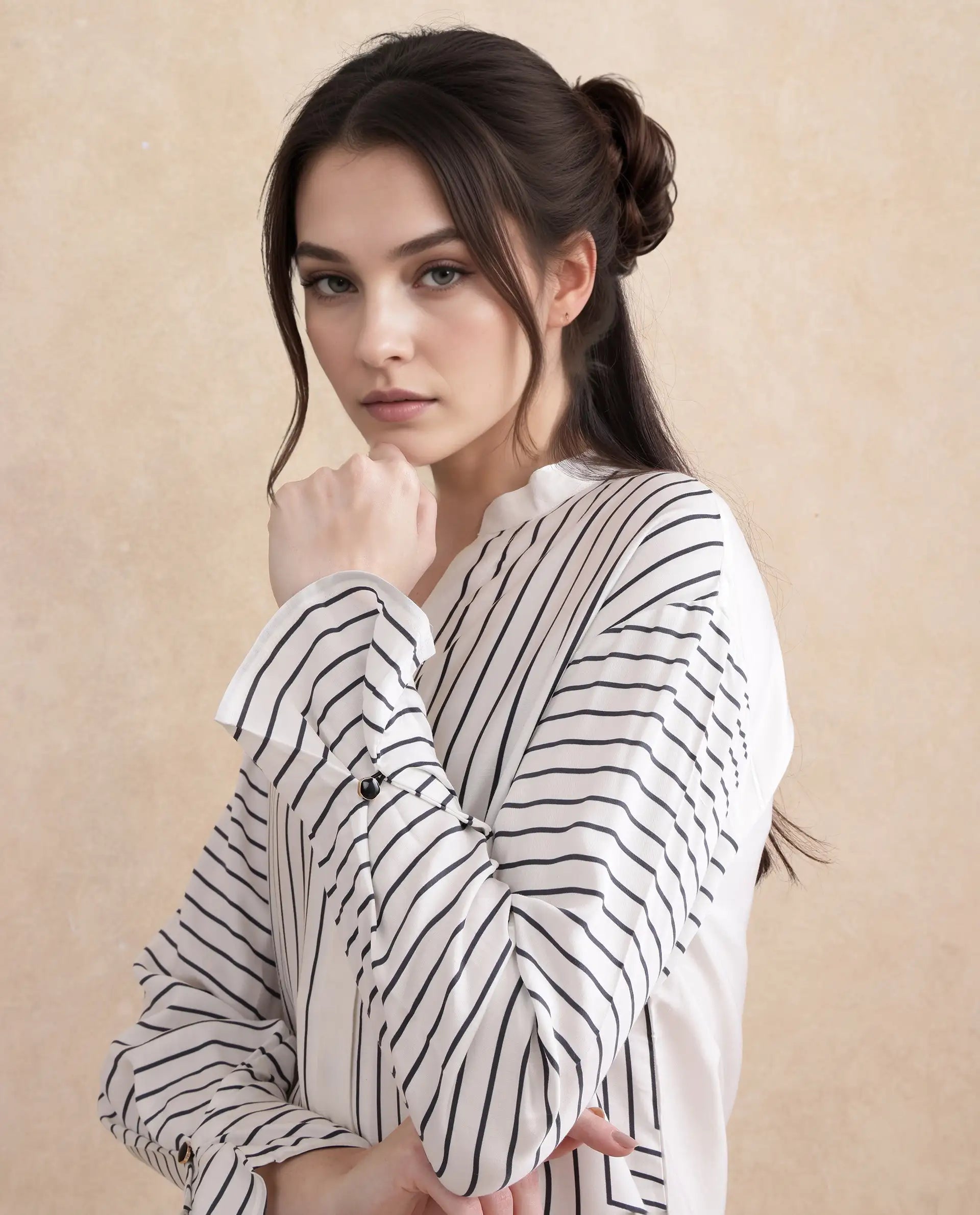 Rareism Women Janlopo Off White Modal Fabric Regular Sleeve Regular Fit Narrow Stripes Top