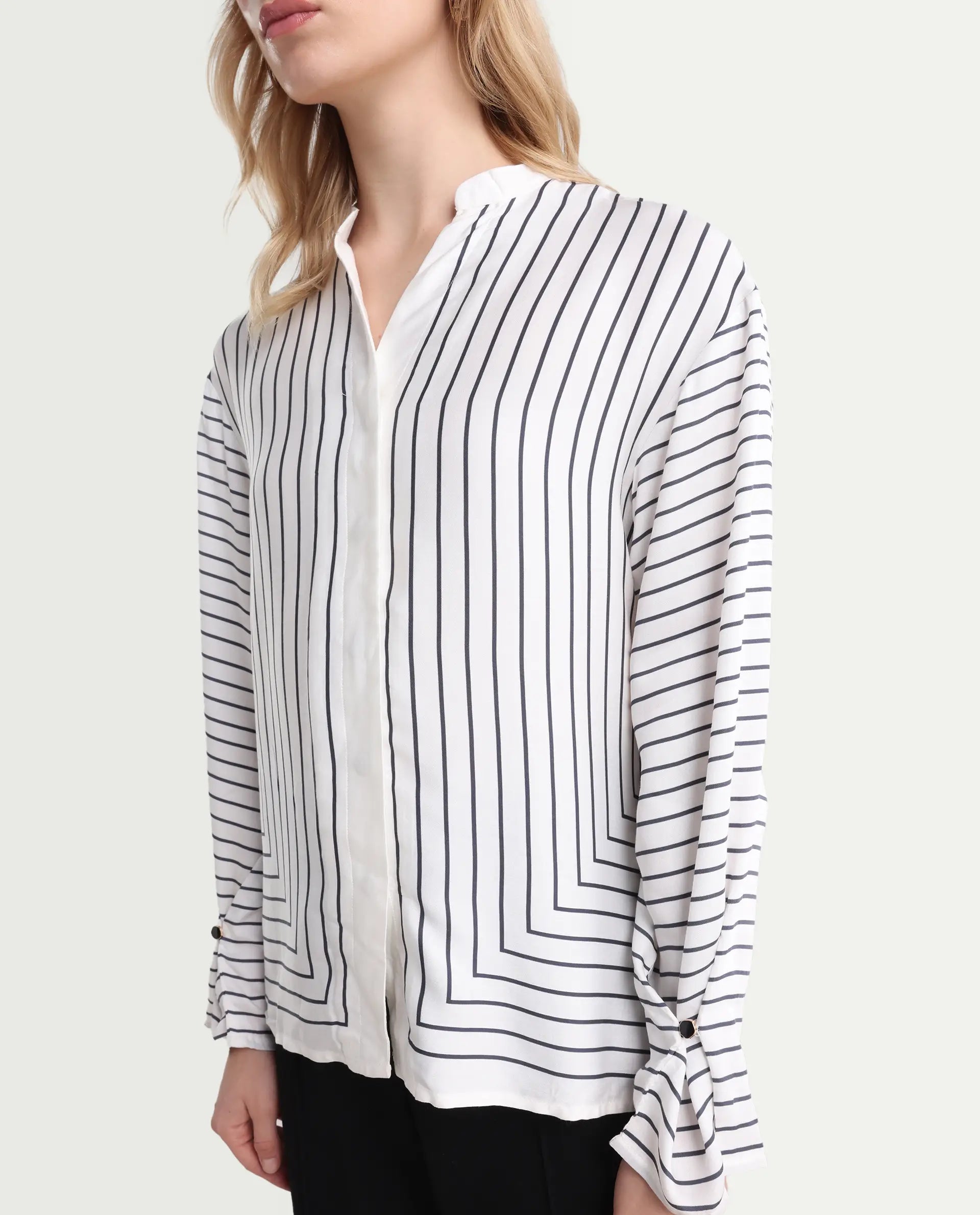 Rareism Women's Janlopo Off White Modal Band Collar Striped Regular Fit Top
